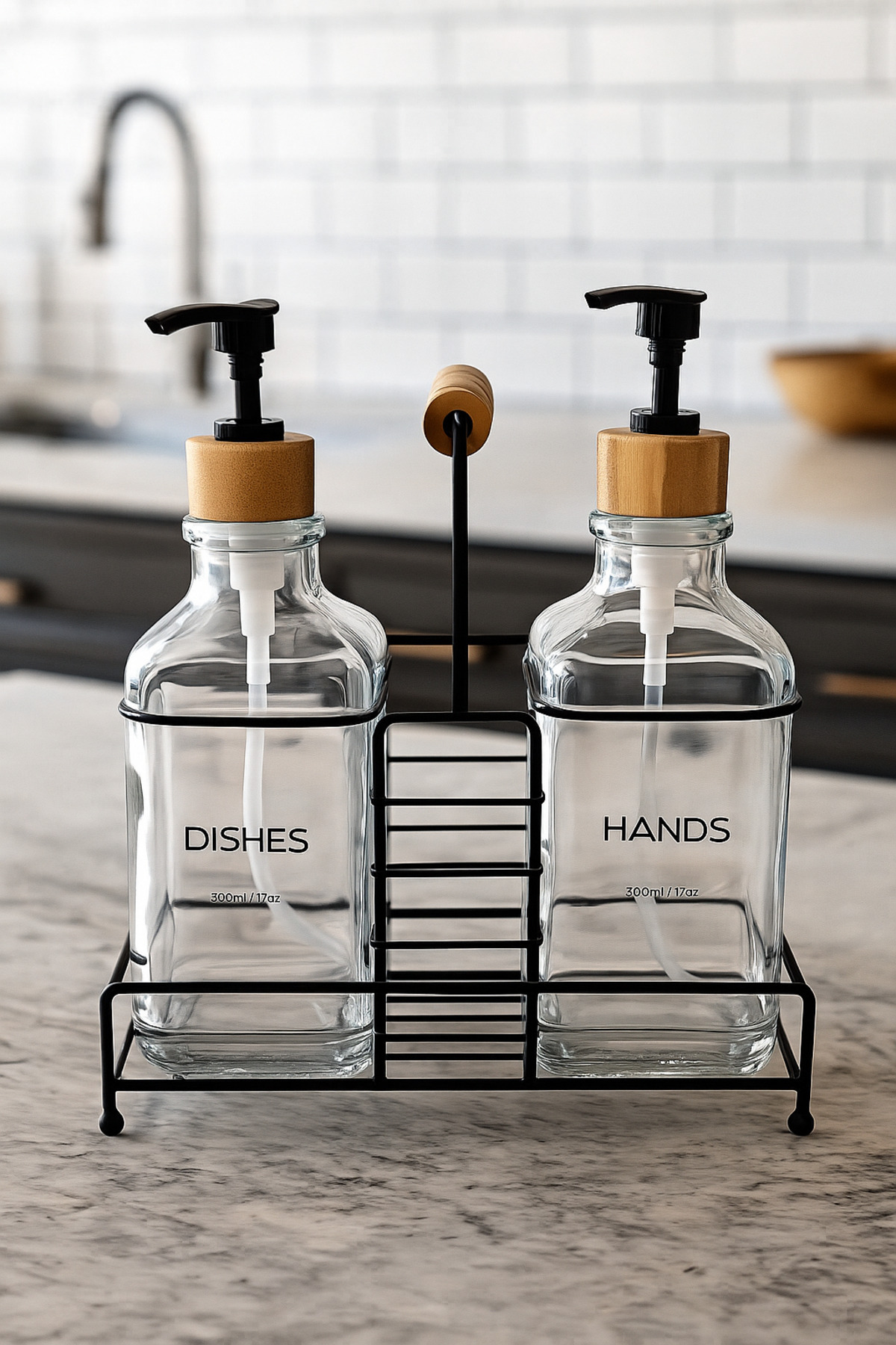 MAKRİ HOME Modern Cam Ikili Sıvı Sabunluk & Deterjanlık Seti-500 ml Cam Sabunluk, Metal Stand'lı, Ahşap Kulplu