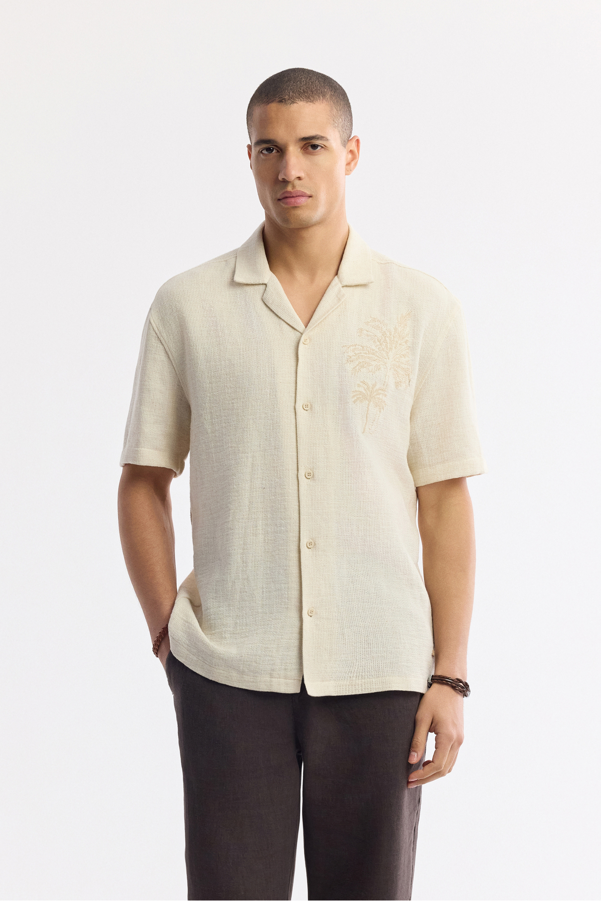 آوا پیراهن مردانه آستین کوتاه طرح کتان یقه بژ Apaj مدل A51Y2075