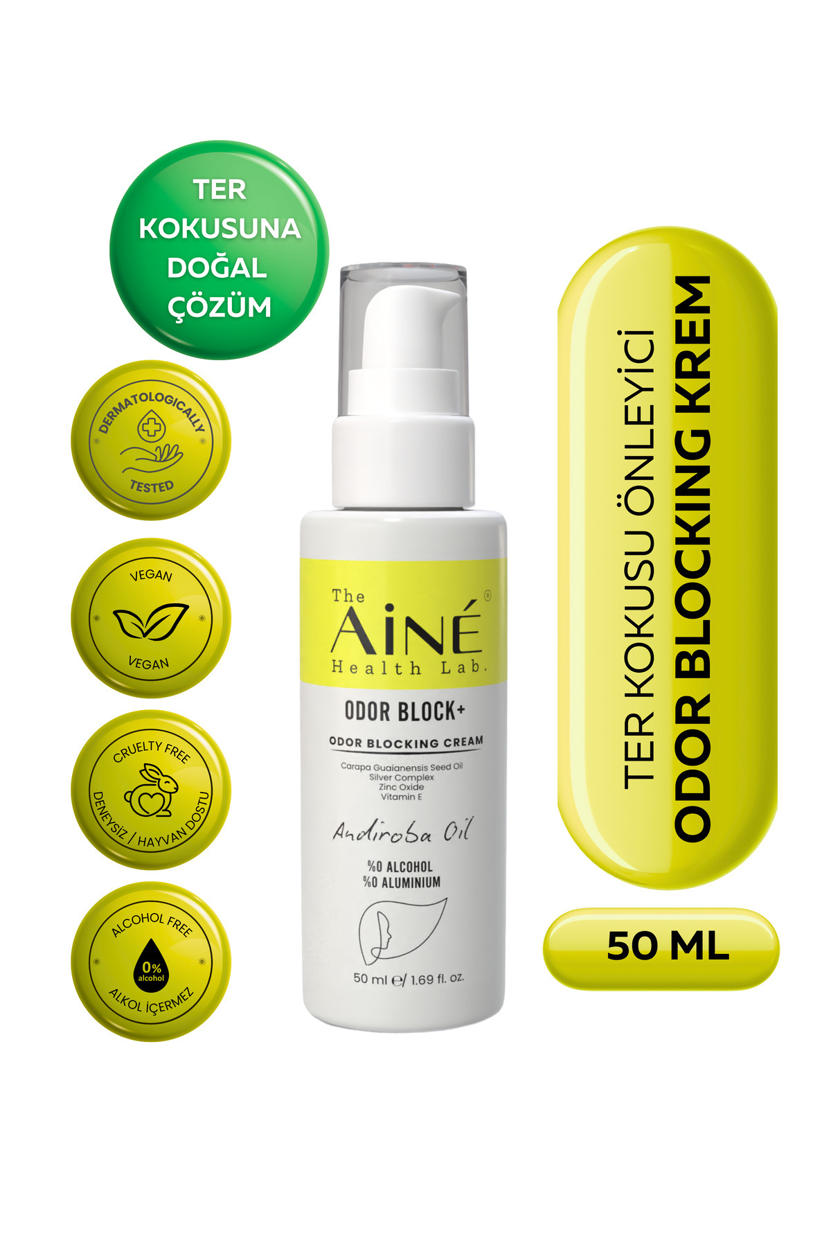 The Aine Health Lab. Odor Block - 7 Güne Kadar Etkili Ter Kokusu Önleyici Krem, Gümüş Kompleks, Çinko, E Vitamini 50 ml