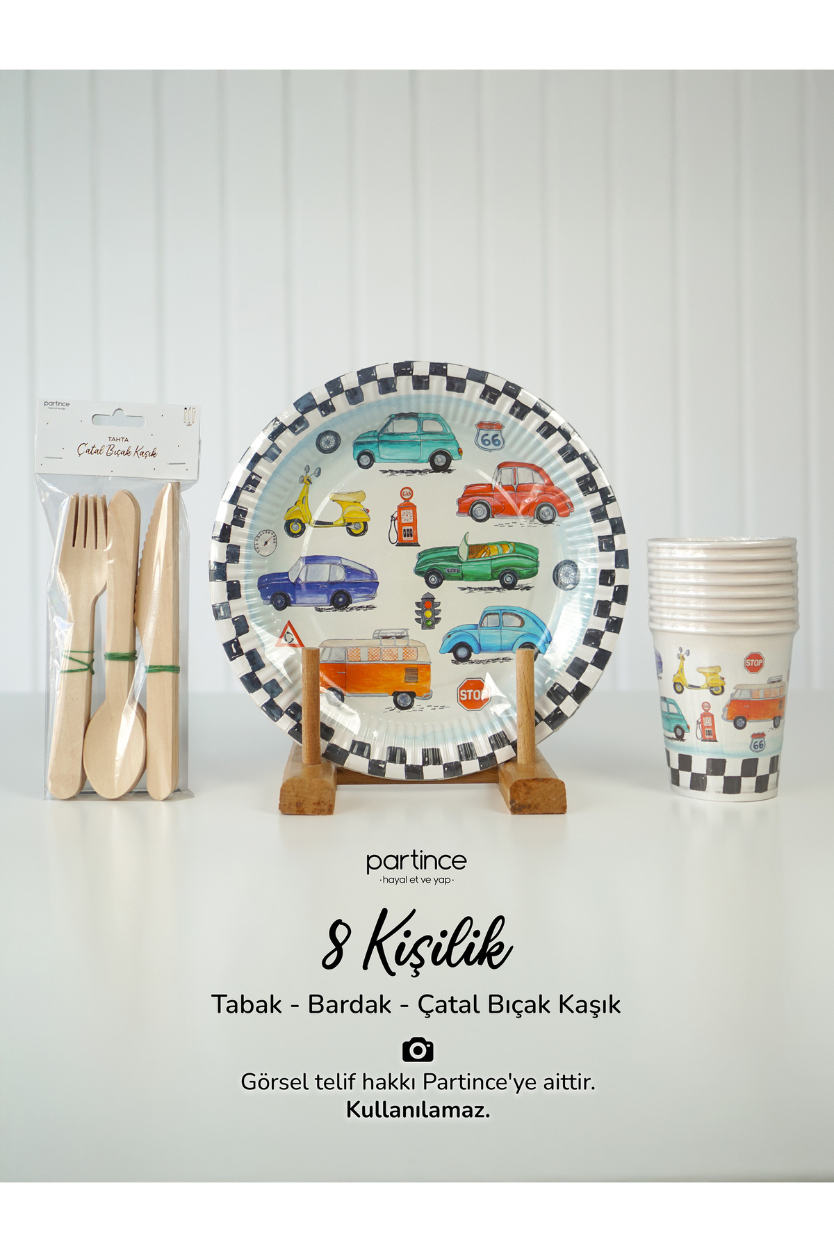partince 8 Kişilik Klasik Araba Kullan At Karton Tabak Bardak Çatal Kaşık Bıçak Araba Parti Seti