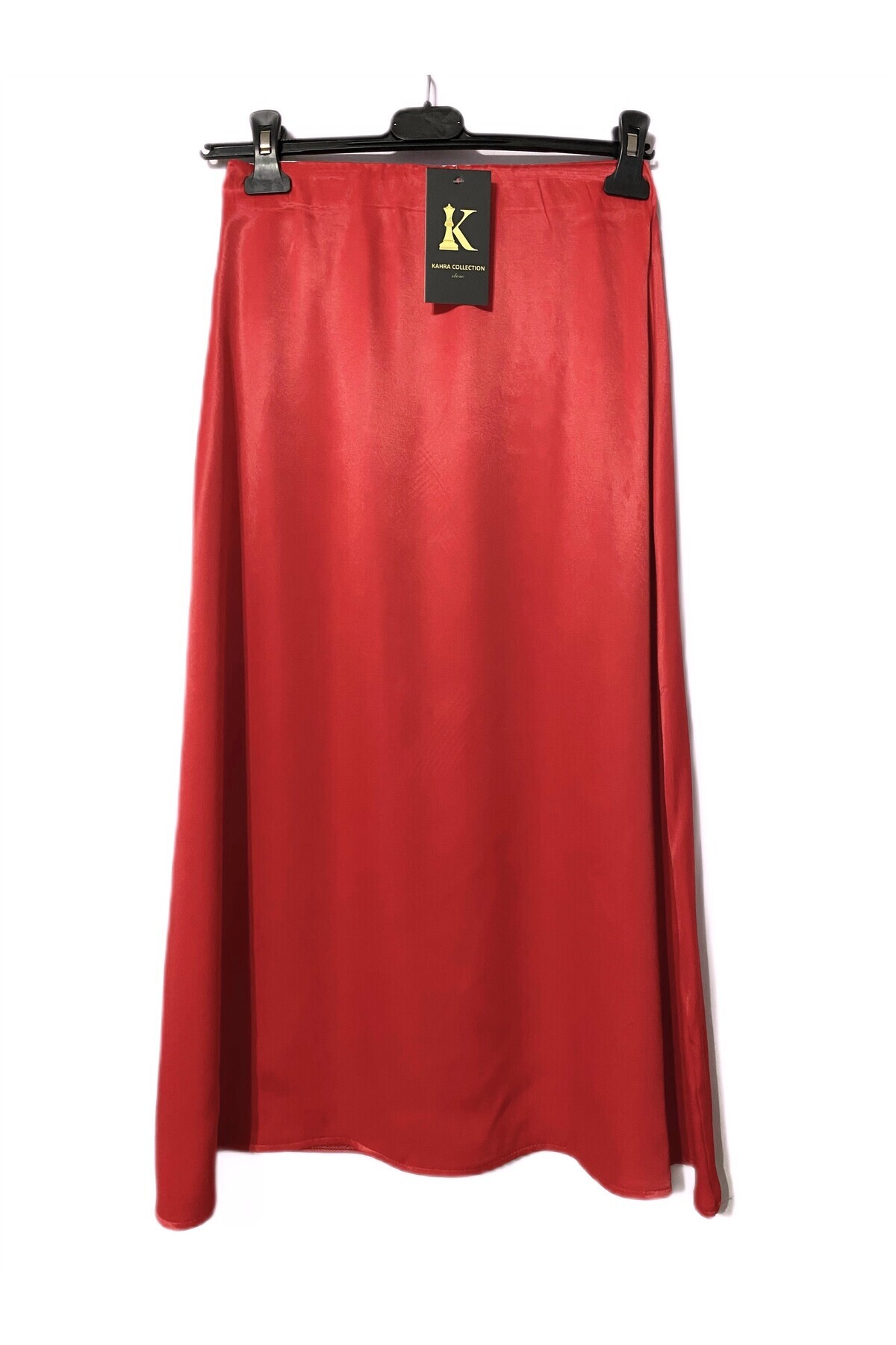 Kahra Collection  Kırmızı 82cm Midi Boy Şık Saten Etek - Görsel 4