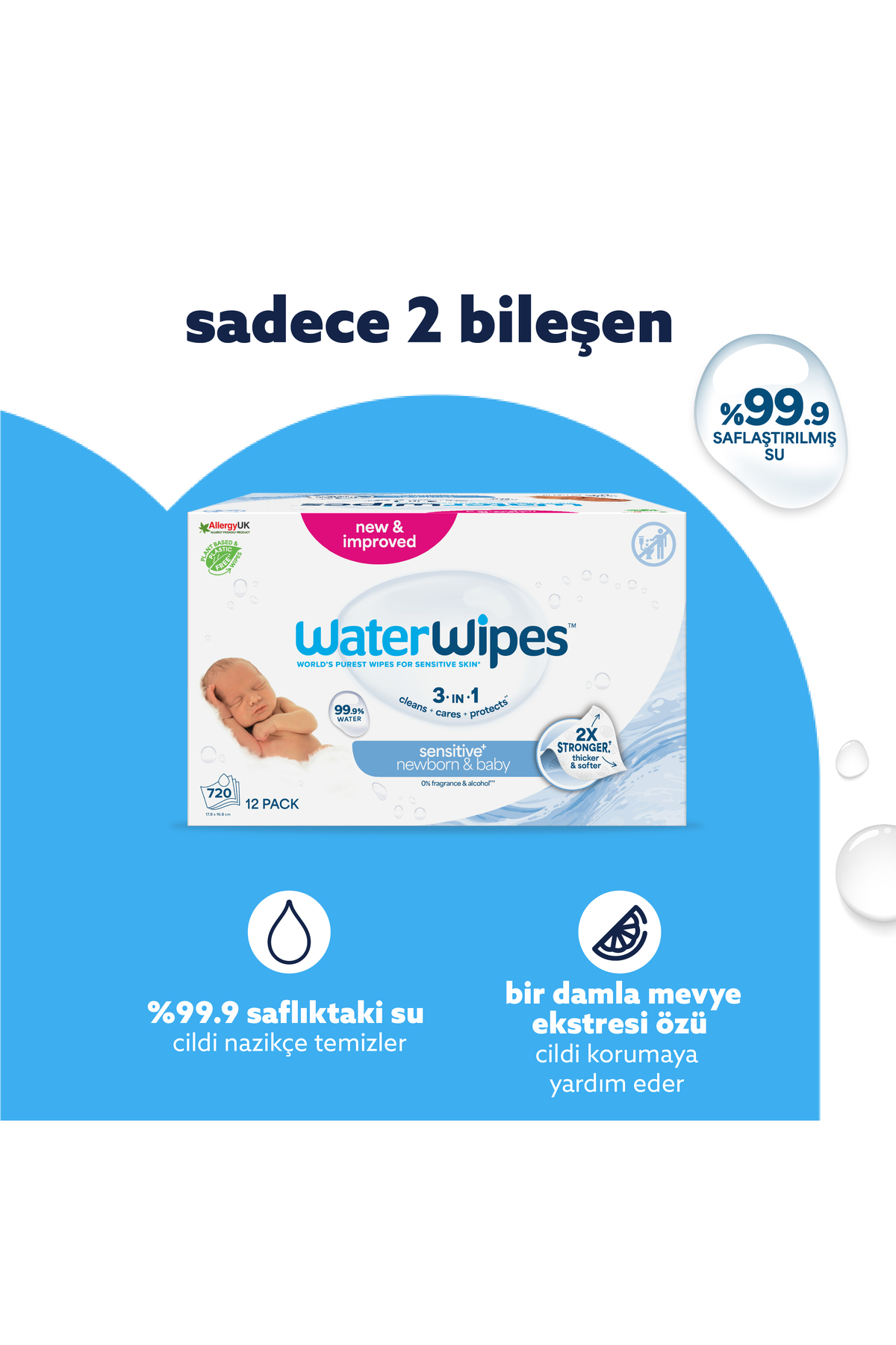 WaterWipes Bio Yenidoğan Islak Mendil 12×60 Adet (720 Yaprak) Hassas Prematüre Vegan fotoğrafı 2 (önizleme)
