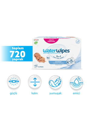 WaterWipes Bio Yenidoğan Islak Mendil 12×60 Adet (720 Yaprak) Hassas Prematür...
