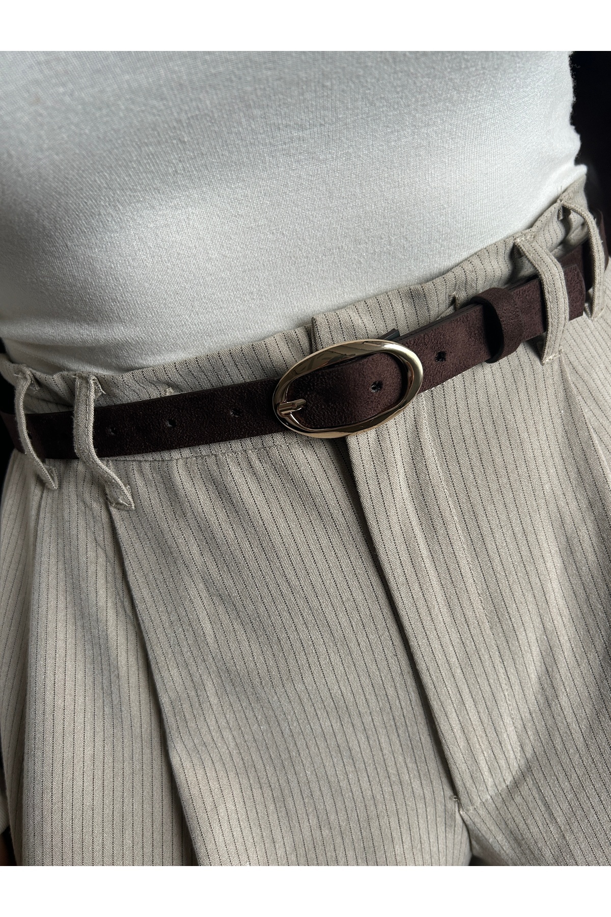 LİA KEMER  Eminent Uzun Halka Desenli Süet Kadın Gold Tokalı Kemer Ceket Kemeri Elbise Kemeri Pantolon Kemeri - Görsel 2