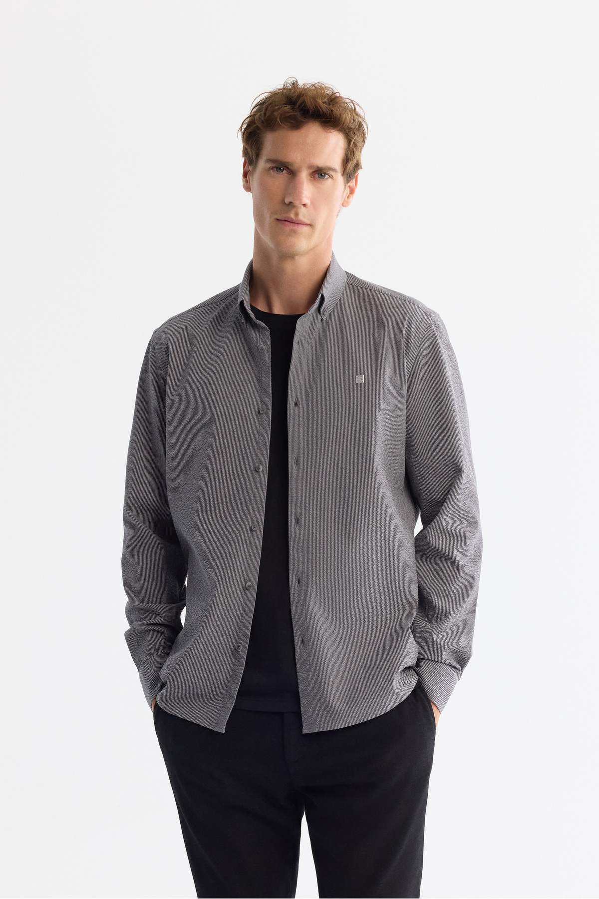 Avva Erkek Gri Düğmeli Yaka Kolay Ütülenir Çizgili Slim Fit Gömlek A42Y2098