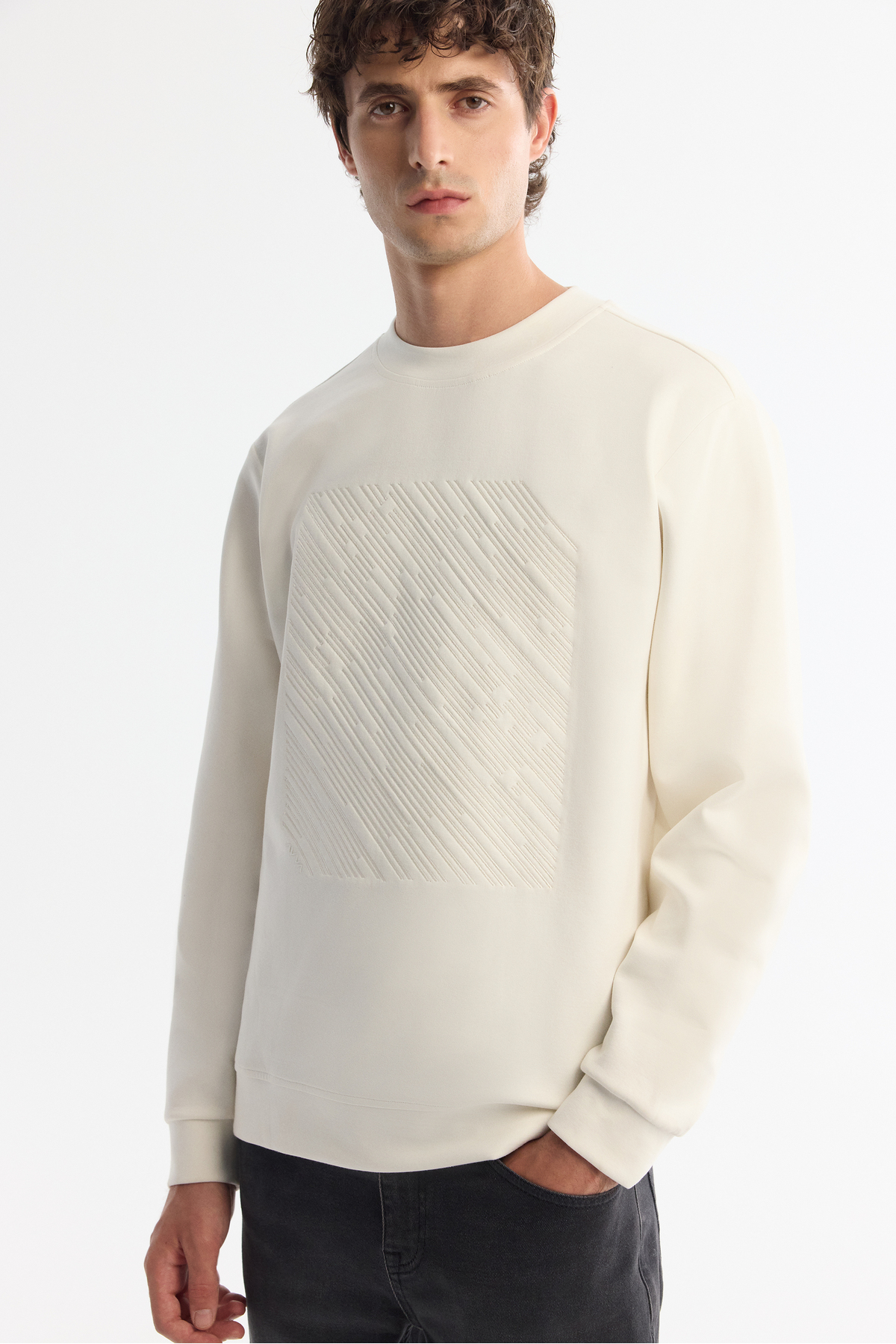 Avva  Erkek Ekru Bisiklet Yaka Pamuklu Baskılı Elastan Regular Fit Sweatshirt A42Y1243 - Görsel 3