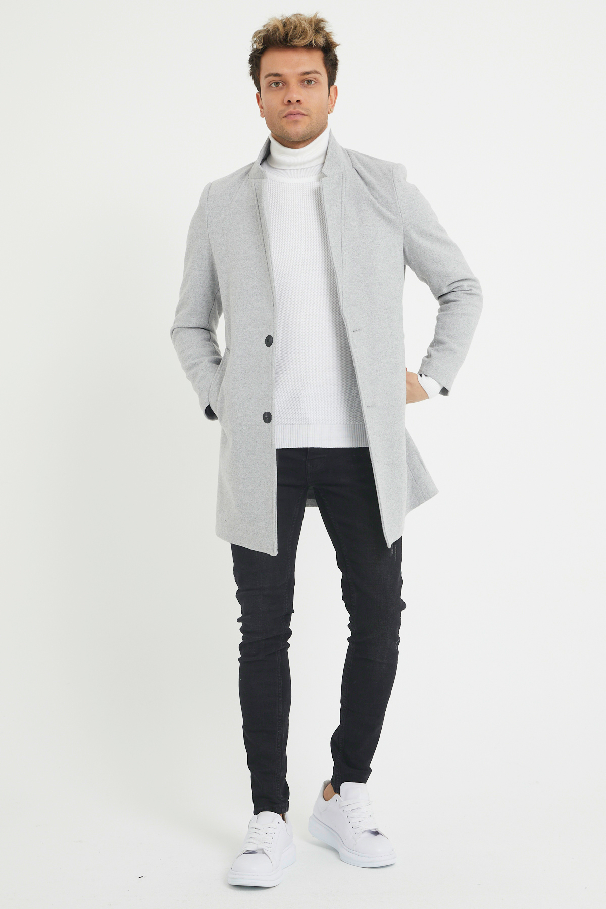 MODAMESTO  Erkek Gri Slim Fit Dik Yaka Kaşe Kaban - Görsel 3