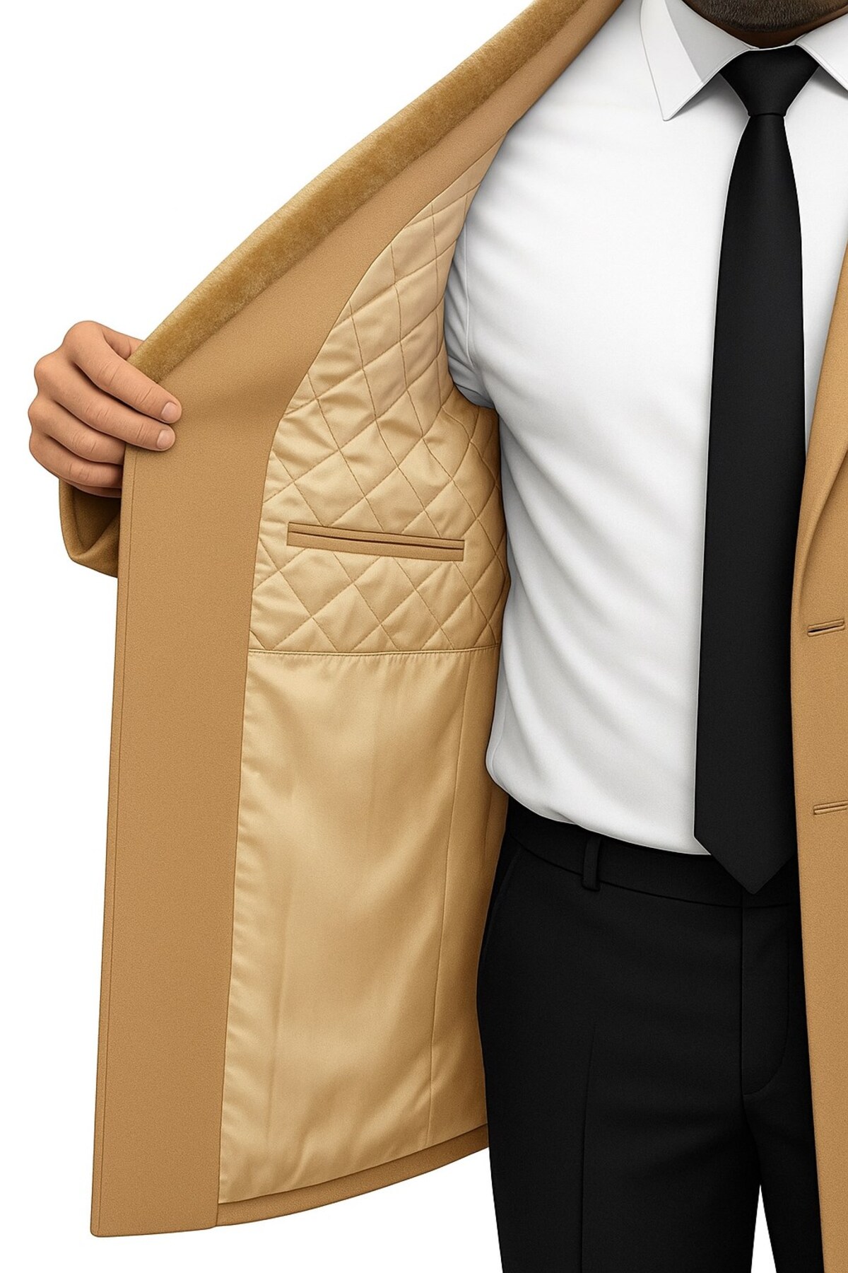 Plus Scorpion Erkek Uzun Kaşe Kaban, Çıkartılabilir Kürk Yaka, Astarlı ve Cepli Slim Fit Mont (Bej, görsel 7