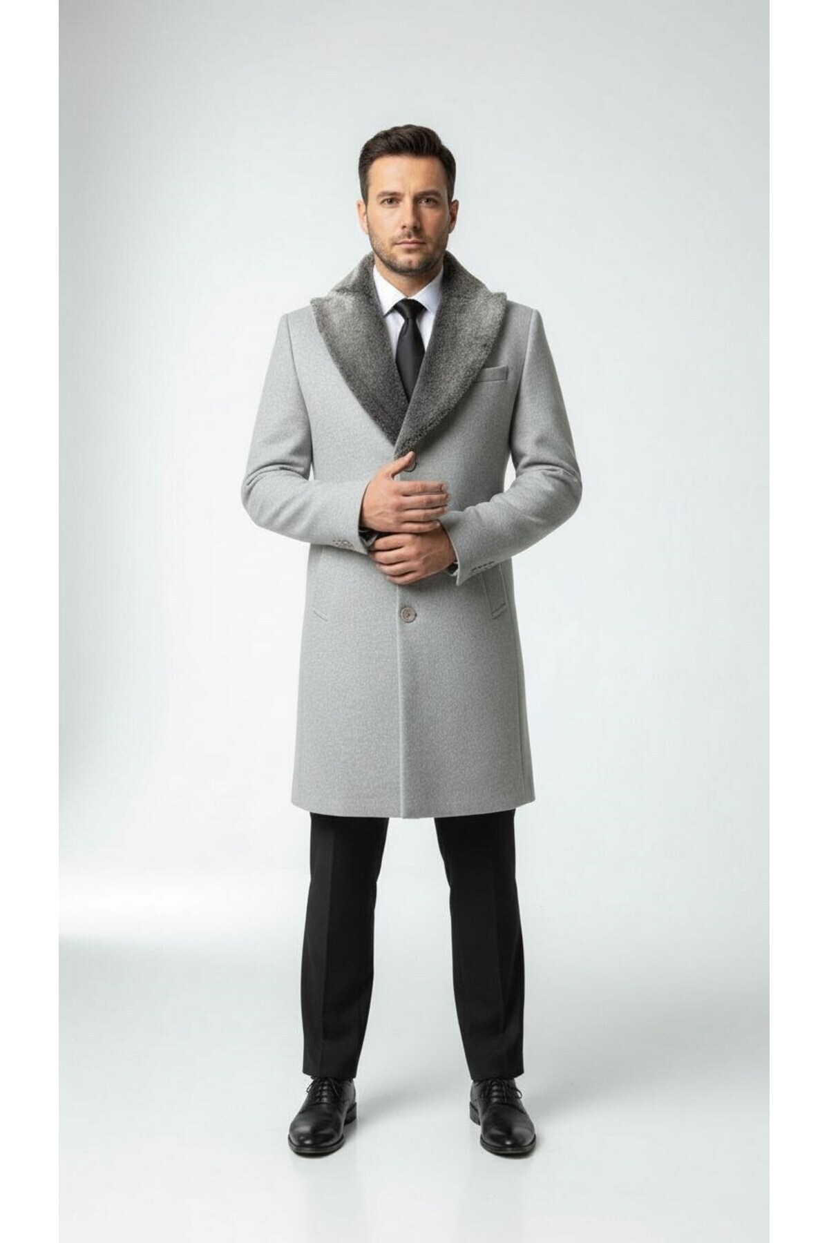 Plus Scorpion Erkek Uzun Kaşe Kaban, Çıkartılabilir Kürk Yaka, Astarlı ve Cepli Slim Fit Mont (Bej, görsel 2