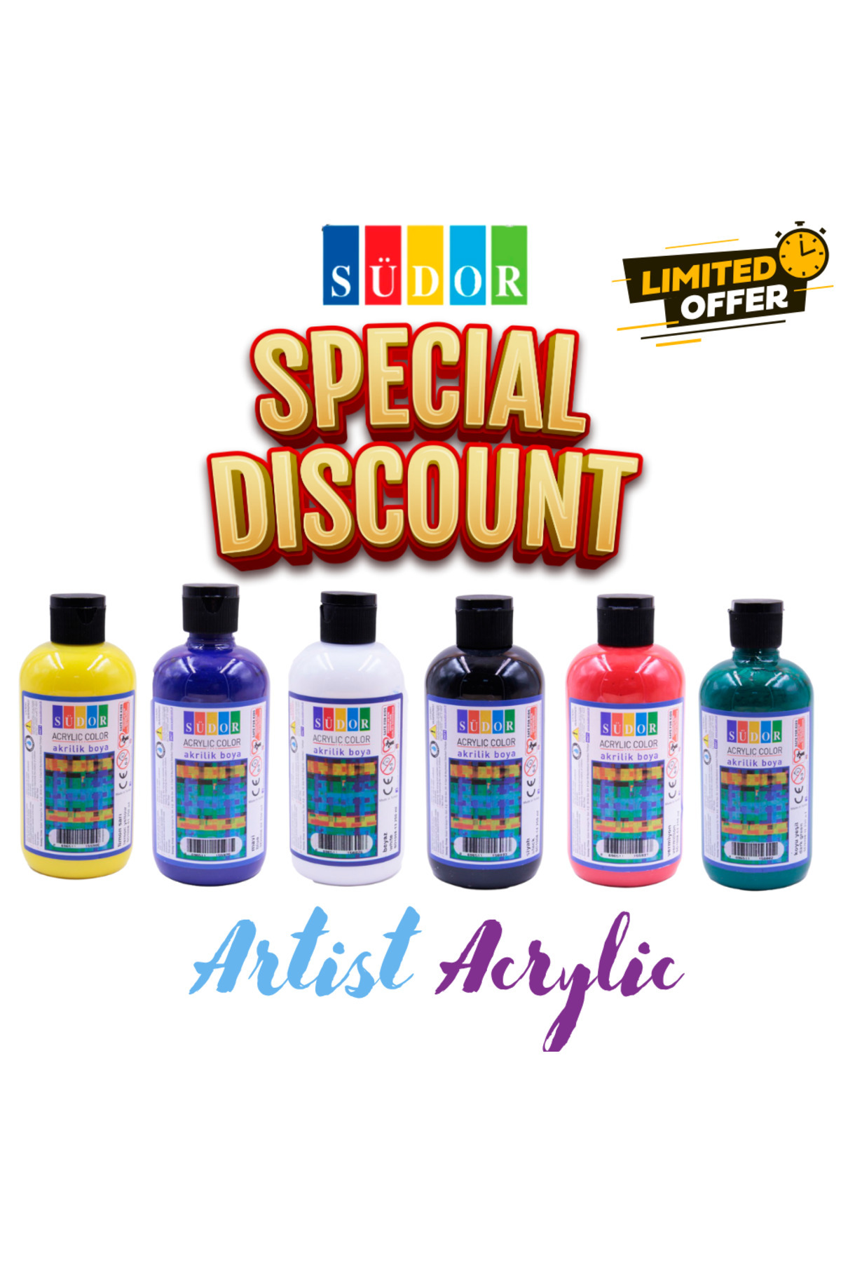 Südor Primary Artist Acyrilic 250ml 6'lı Akrilik Boya Ana Renkler Set
