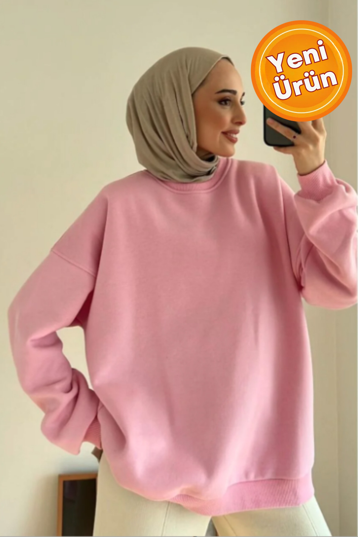 onlymoon %100 Pamuk Kadın Sweatshirt Pembe, Oversize Uzun Kalıp Yumuşak Basic Günlük Üst