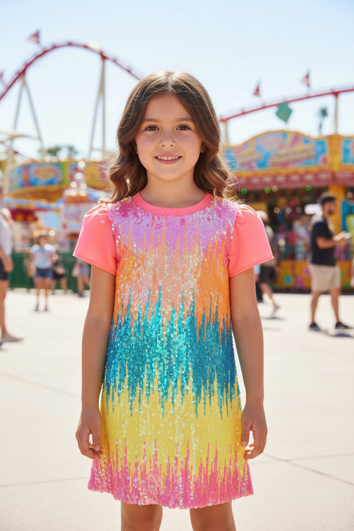 Dide Kids Kız Çocuk Neon Renkli Payetli Pembe Abiye Elbise
