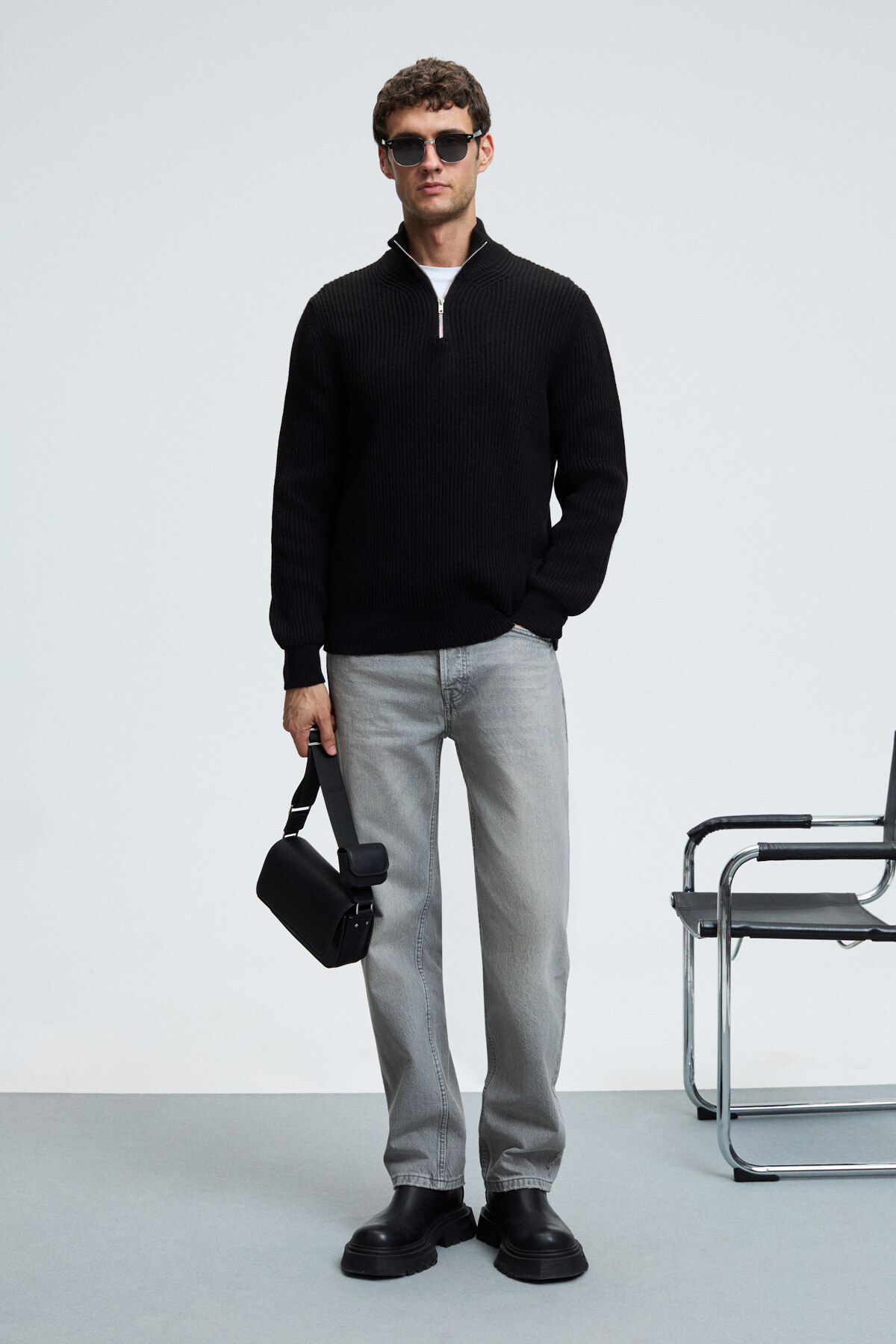 GRIMELANGE  BERNARDO Erkek Yarım Fermuarlı Dik Yaka Triko Siyah Kazak - Görsel 4