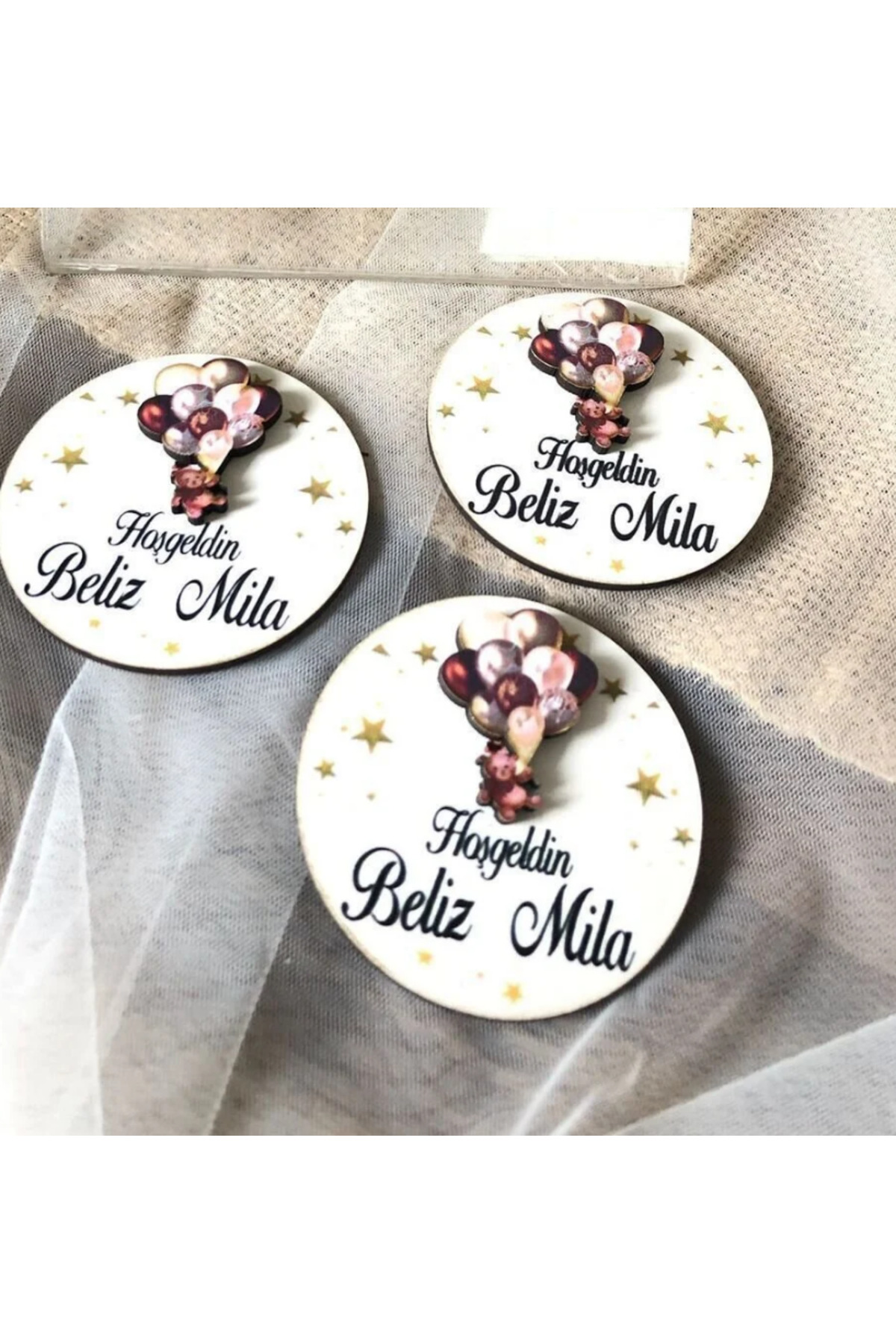 Balonlu Uçan Ayı Figürlü Ahşap Hediyelik Magnet 10 Adet