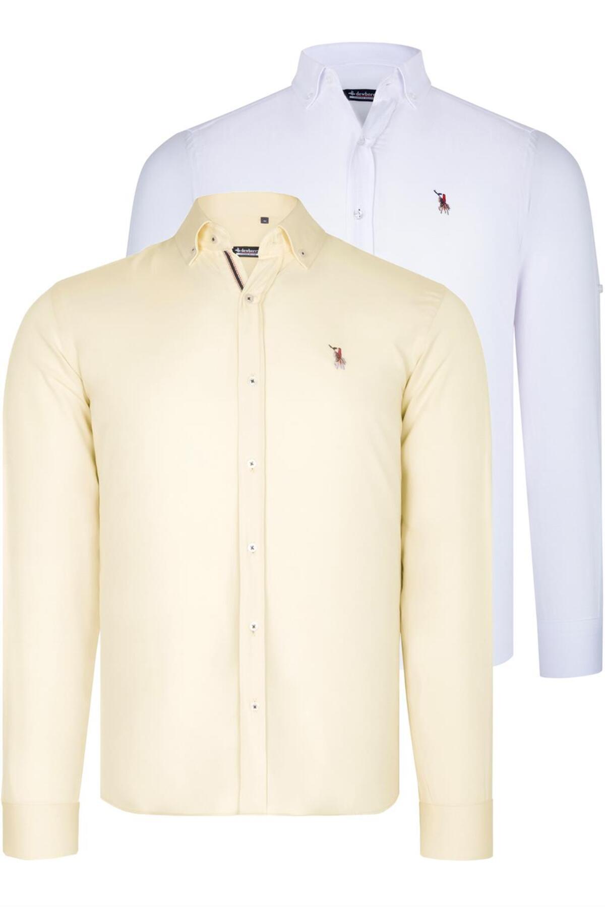 دوبری پیراهن مردانه دو تکه G674 طرح DEWBERRY - سفید - زرد