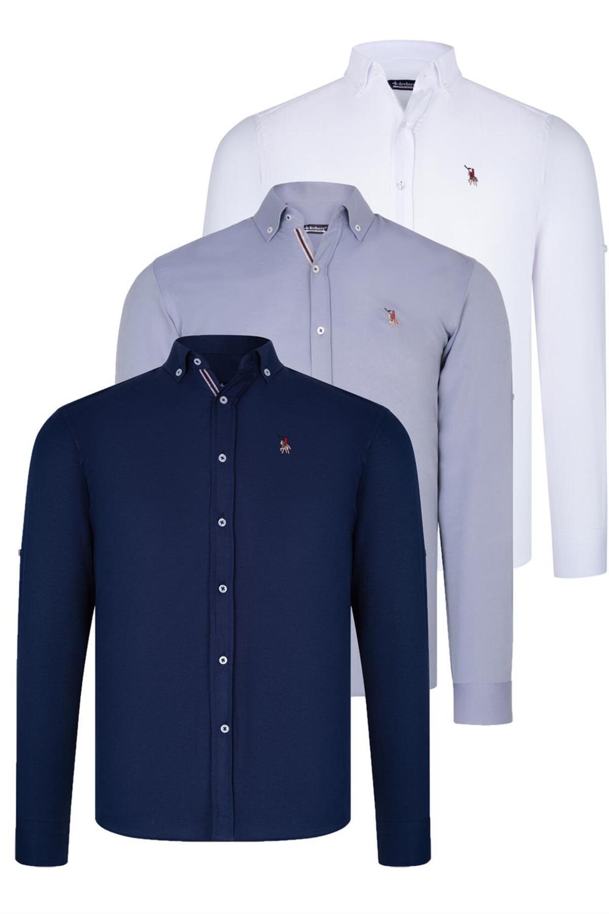 دوبری ست سه تکه پیراهن مردانه G674 طرح DEWBERRY - سرمه‌ای - سفید - خاکستری