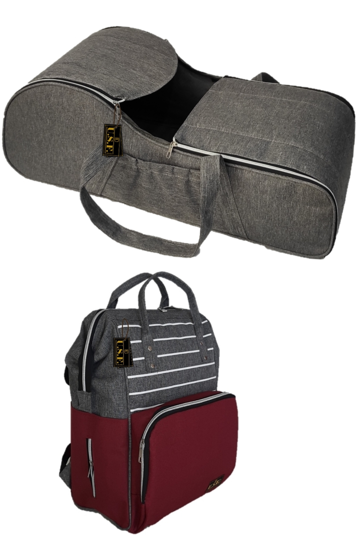 USF Ana Kucağı Puset Bebek Taşıma + Anne Bebek Bakım Çantası - Gri - Çizgili Gri Bordo fotoğrafı 2 (önizleme)