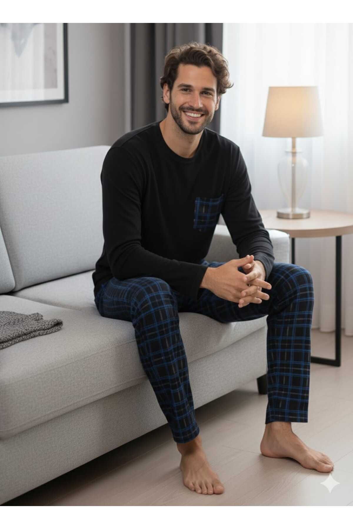 Sude HOMEWEAR Erkek Ekoseli Cepli Uzun Kollu Pijama Takımı görsel 2