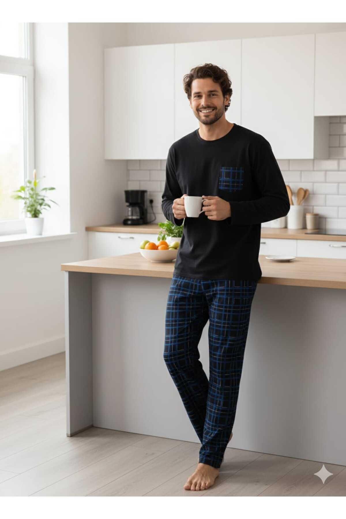 Sude HOMEWEAR Erkek Ekoseli Cepli Uzun Kollu Pijama Takımı görsel 3