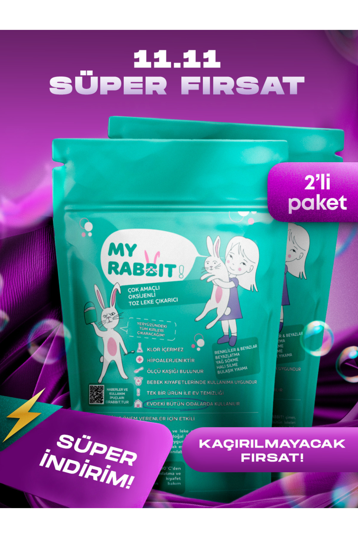 My Rabbit! Çamaşır Ve Yüzey Için Çok Amaçlı Oksijenli Toz Leke Çıkarıcı ve beyazlatıcı 2'li Paket 2 X 800 gr