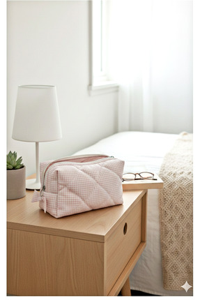 Mufincollection "Yumuşak Elyaf Dolgulu, Şık Pembe Kareli Makyaj çantası "