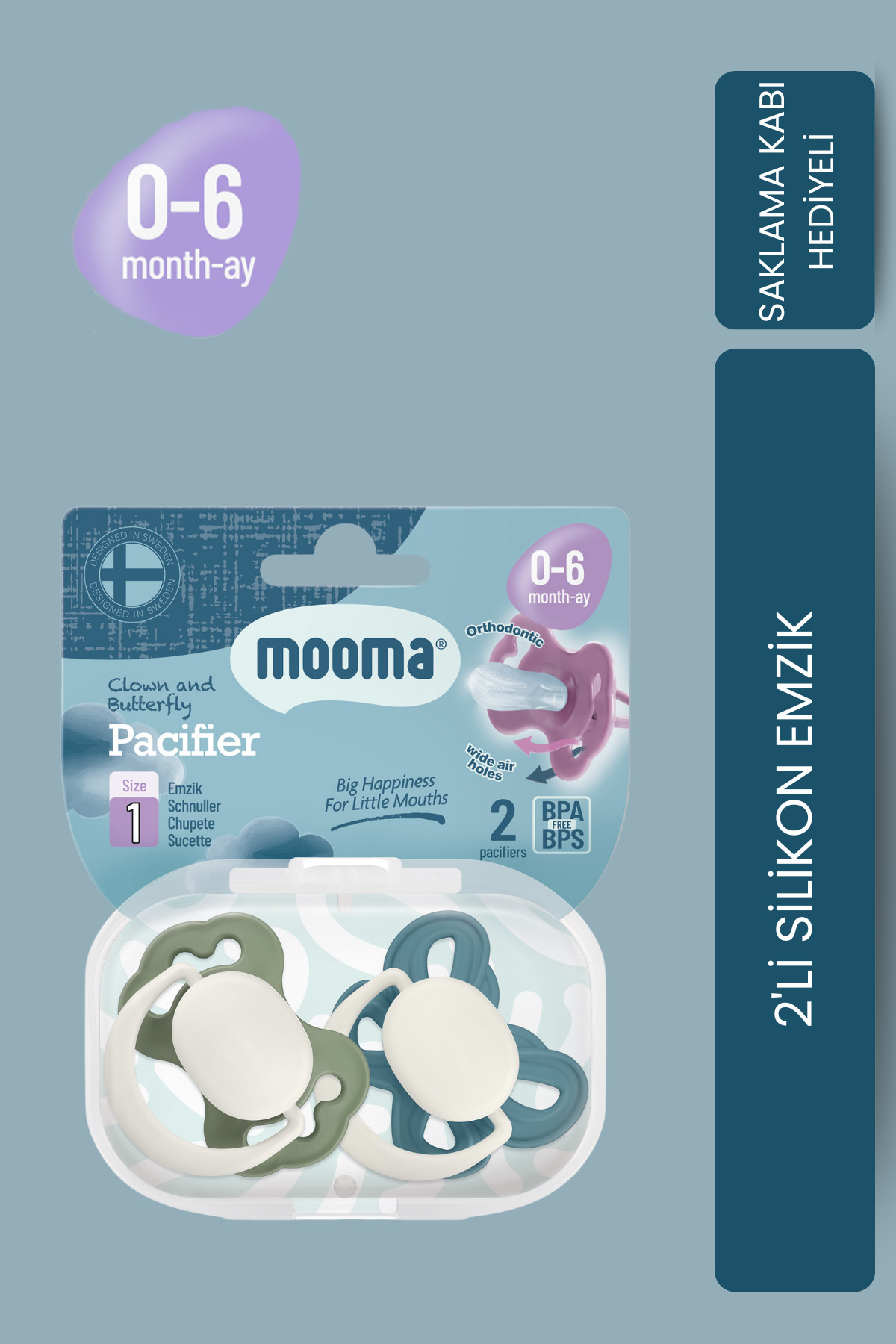 Clown & Butterfly Silikon Emzik 2’li No:1 (0–6 Ay) Ball Blue & River Green Saklama Kabı Hediyeli