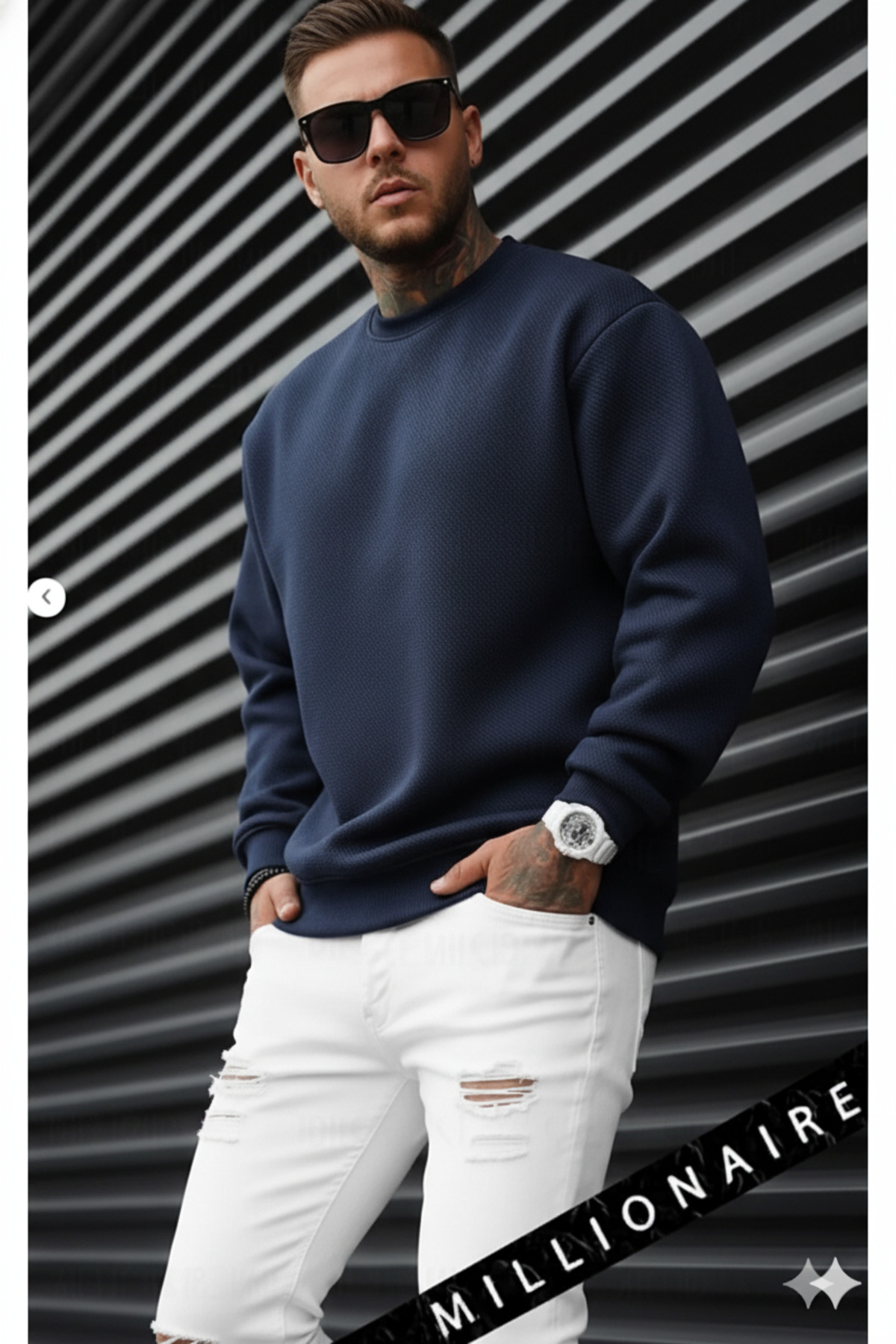 Millionaire Erkek Lacivert Basic 0 Sıfır Yaka Baskısız Düz Oversize Salaş Bol Kesim Polar Sweatshirt görsel 2