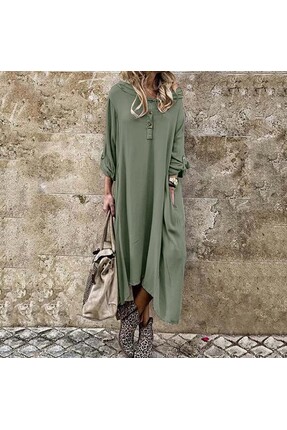 1tarz Toridas Keten Günlük Salaş Yazlık Cepli Kadın Elbise LN273haki