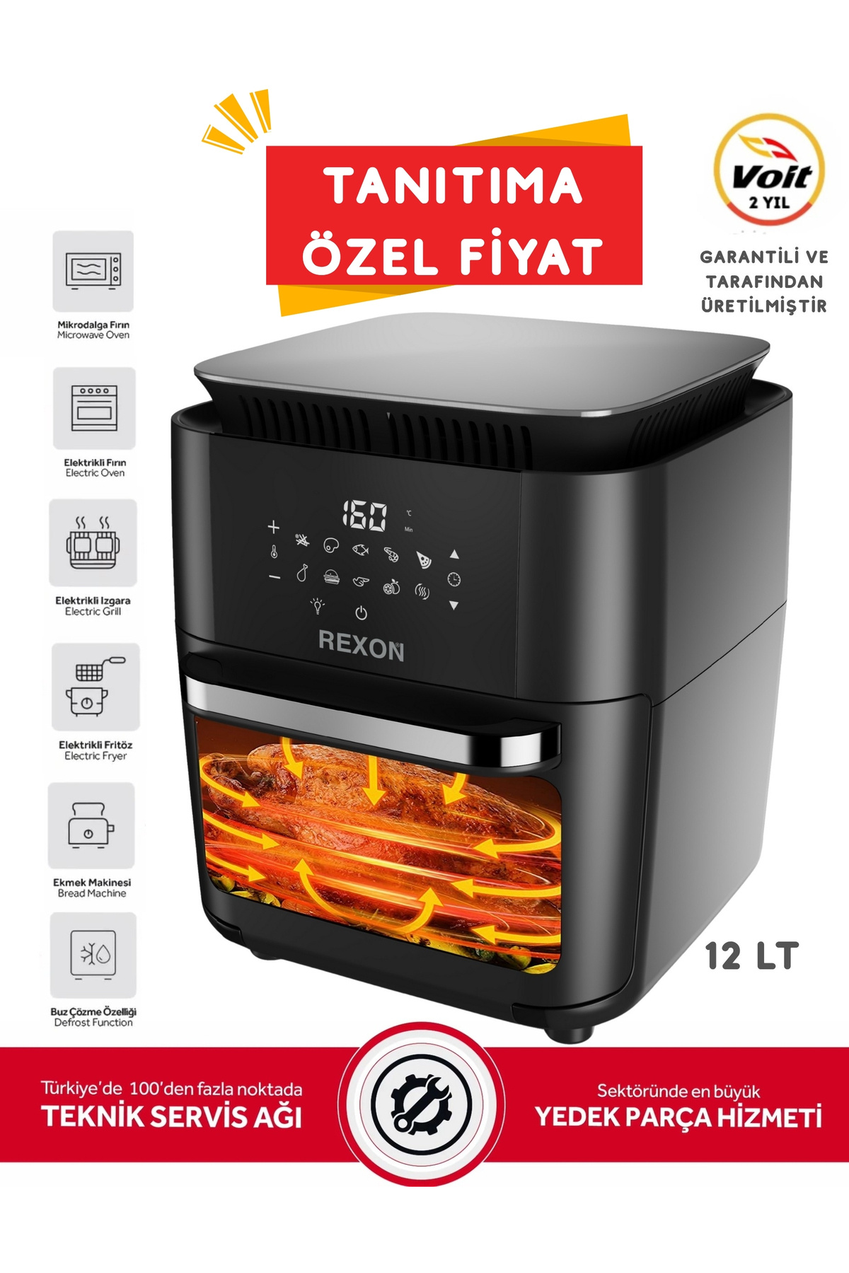 Rexon Xxl AirFryer Yağsız Fritöz Tavuk Çevirme Izgara 360° Dönüş 12 LT Kapasite 7 Farklı Aparat SİYAH