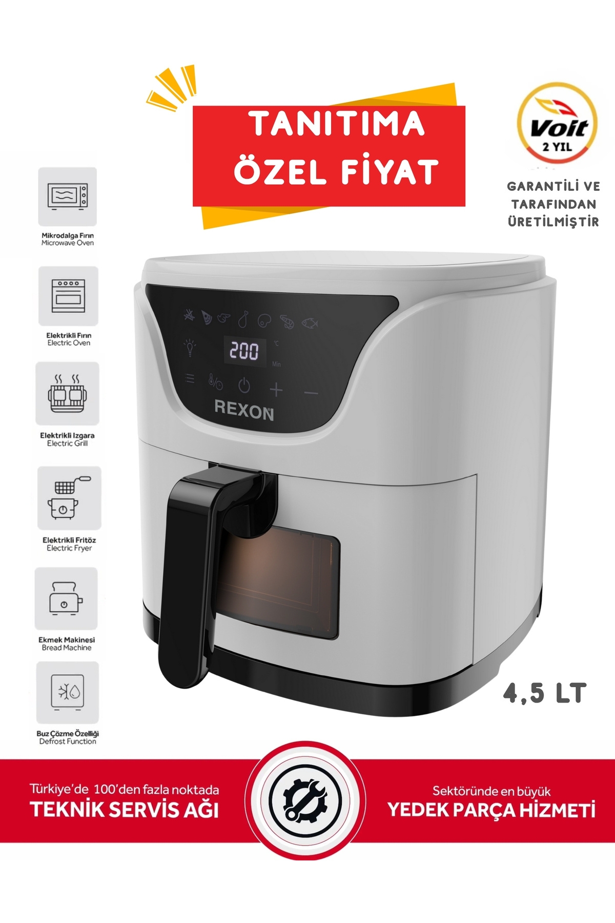 Rexon Yağsız Fritöz 4,5 Litre Air Fryer Dijital Ekran Akıllı Pişirme Geniş Hacim İzleme Penceresi