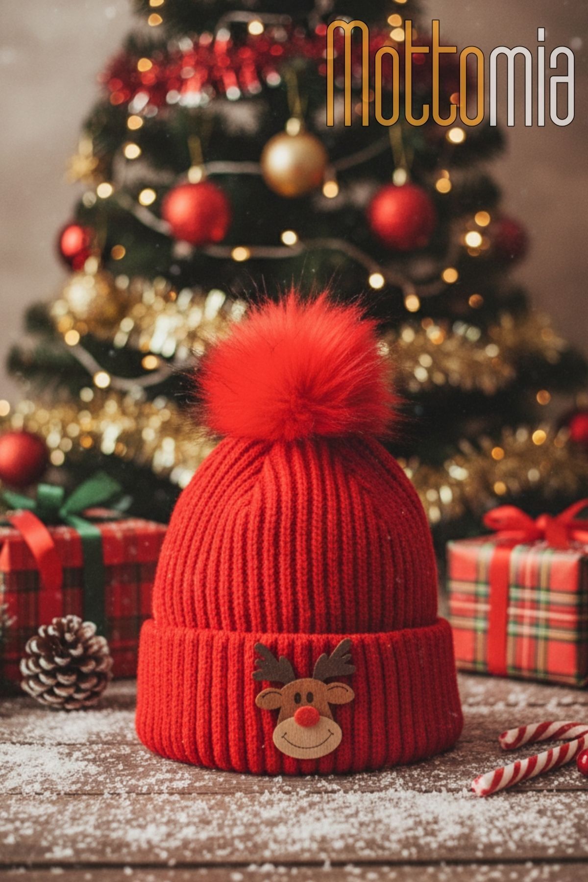 mottomia Yılbaşı/sevgililer Günü Özel Koleksiyon Geyik Figürlü Ponponlu Kırmızı Renk Bere | Yılbaşı Şapkası