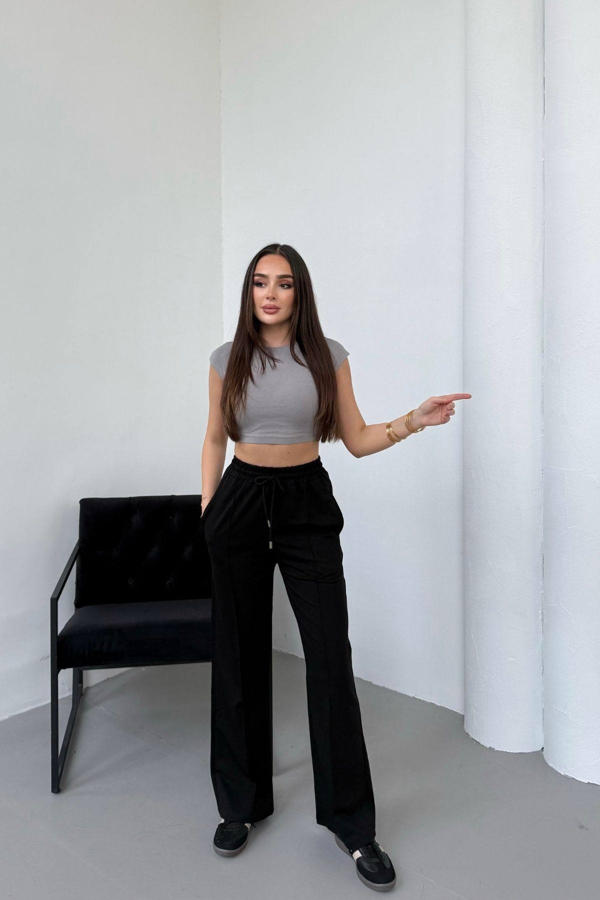 Mezka  Kadın Siyah Çımalı 2 İplik Bol Paça Beli Lastikli Eşofman Altı - Görsel 6