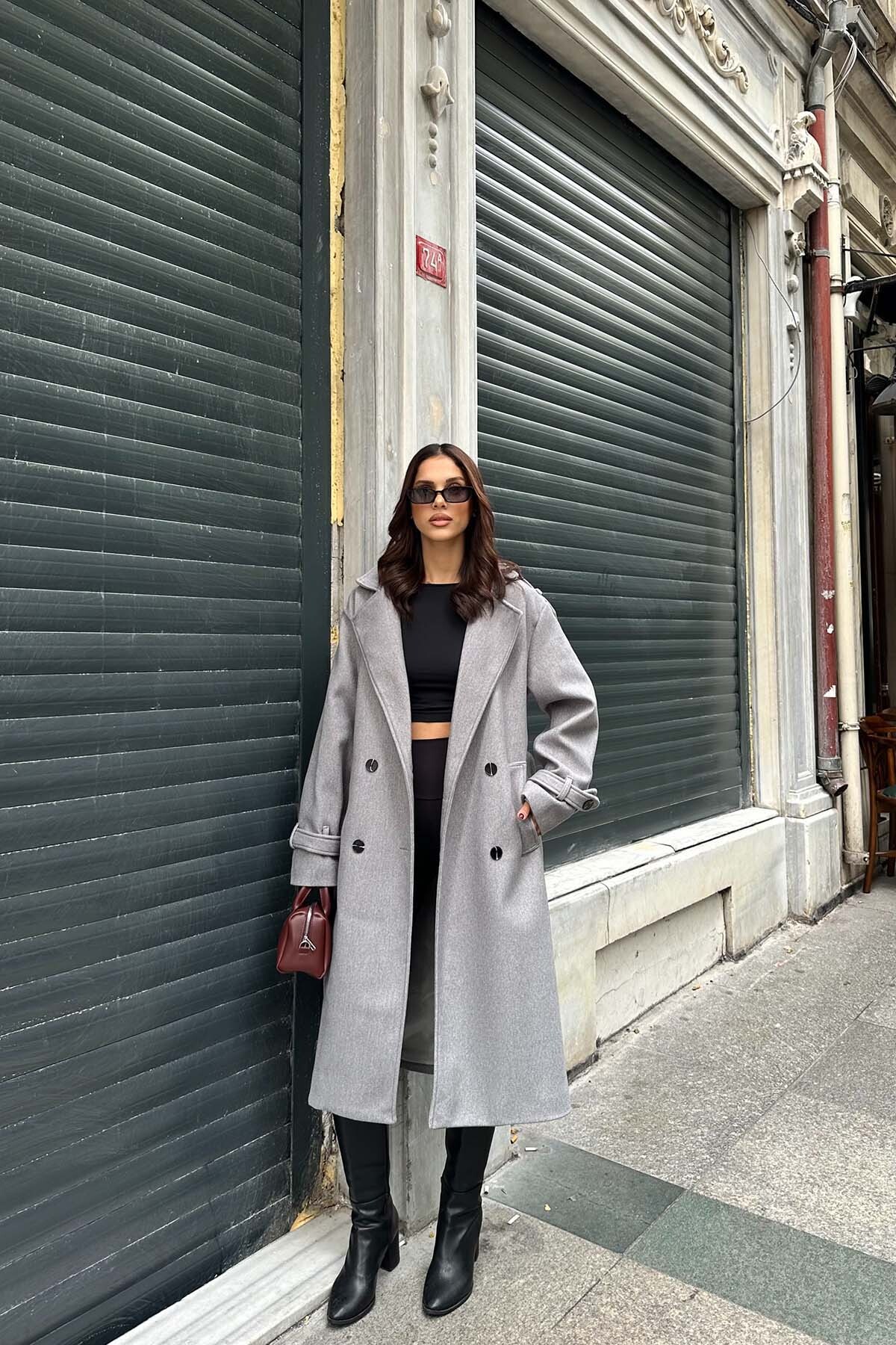 My Loore  Kadın Gri Oversize Kuşaklı Premium Kaşe Kaban | Geniş Kalıp & Cepli MLB077 - Görsel 4