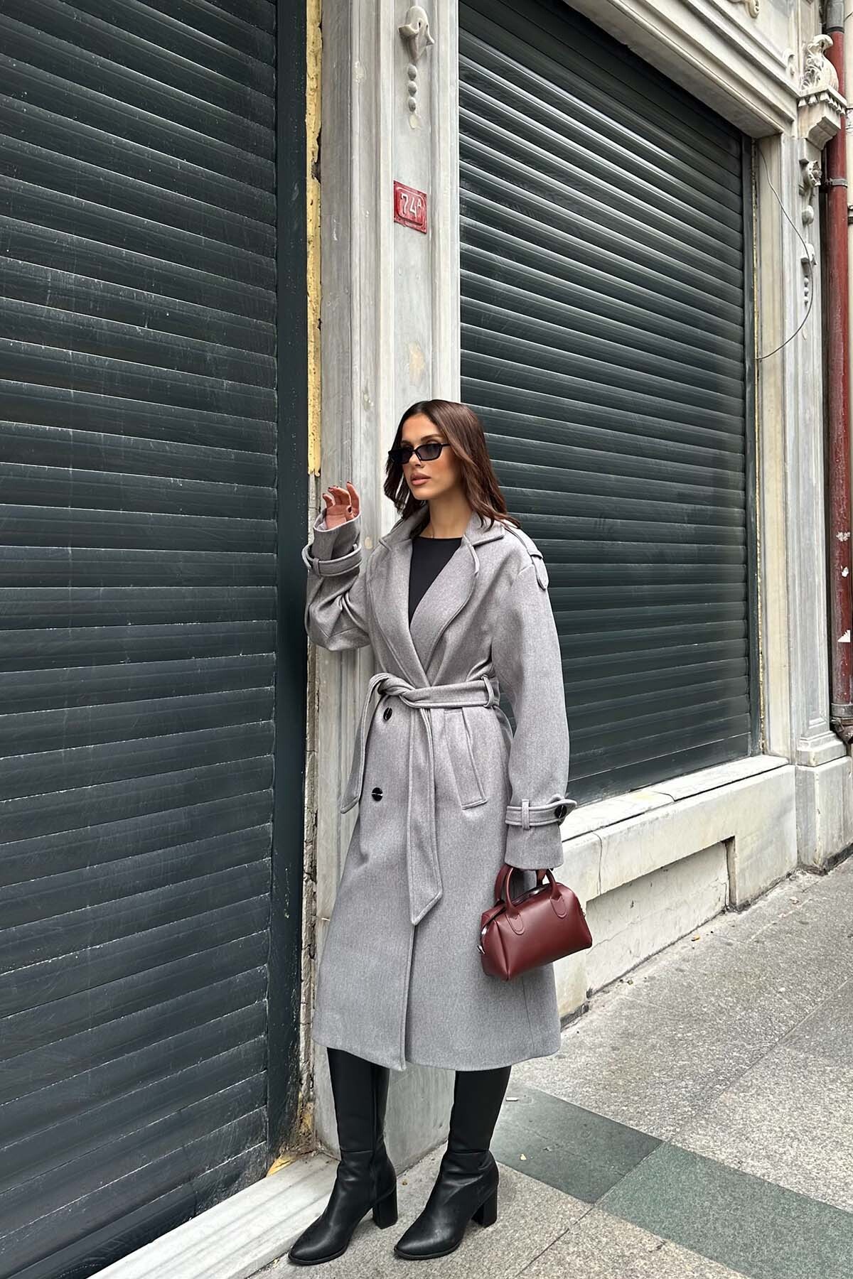 My Loore  Kadın Gri Oversize Kuşaklı Premium Kaşe Kaban | Geniş Kalıp & Cepli MLB077 - Görsel 8