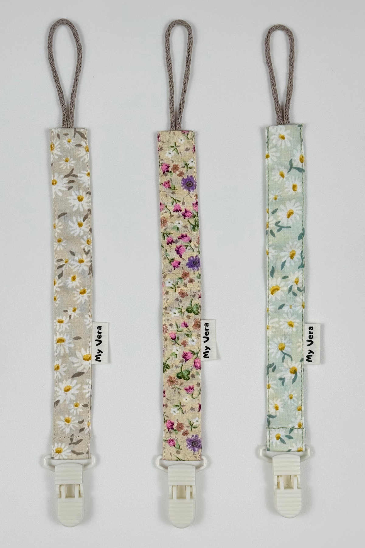 MyVera Papatya Bahar Çiçek Vizon - Plastik Klipsli Emzik Askısı Seti - 3'lü Emzik Zinciri Seti