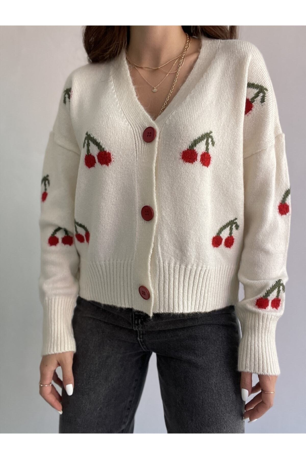 Erşan Giyim Cherry Pattern Cardigan Ecru