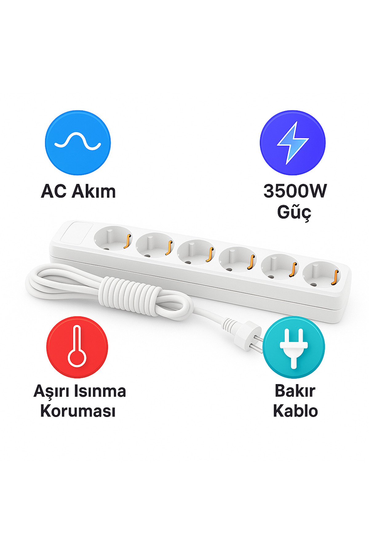 REYYEN 6'lı Grup Priz 5 Metre Uzatma Ara Kablosu 3x1 mm2 (%100 Bakır Ünal Kablo)