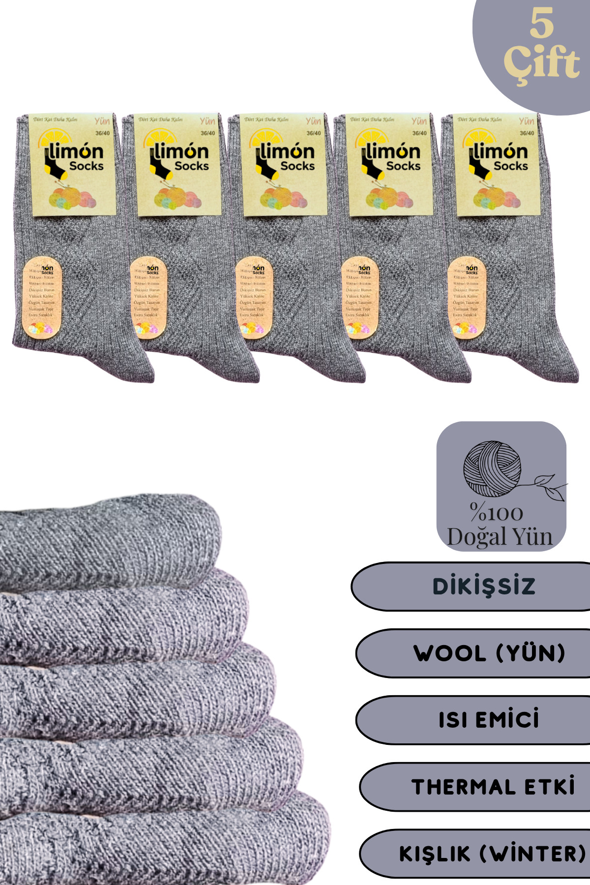 Kışlık Lambswool Yün Çorabı (5 Çift) Kadınlar Için Termal Özellikli (kuzu Yünlü) Kalın Çorap — görsel 6
