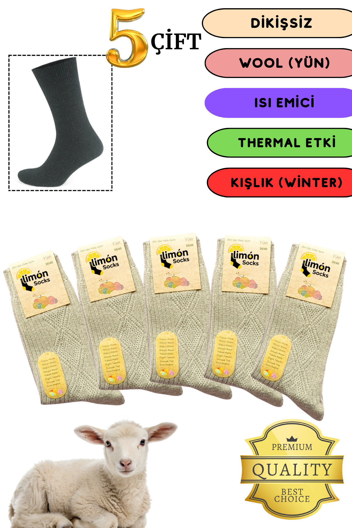 Kışlık Lambswool Yün Çorabı (5 Çift) Kadınlar Için Termal Özellikli (kuzu Yünlü) Kalın Çorap · Xhcuf