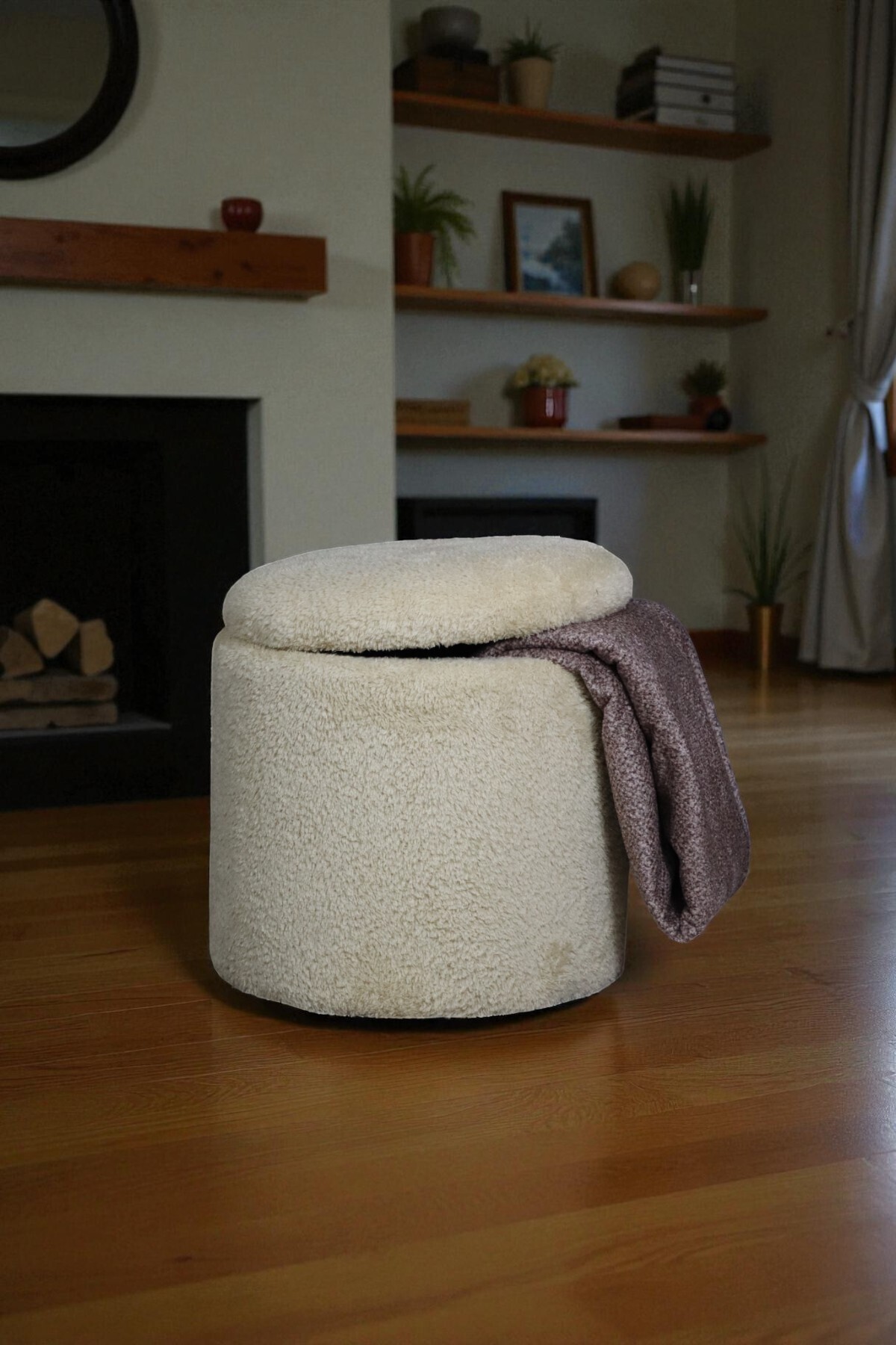 WoodyMaison Puf Teddy Kuzu Tüy Kumaş Sandıklı Silindir Çok Amaçlı Puf Koltuk Bench Tabure Sehpa