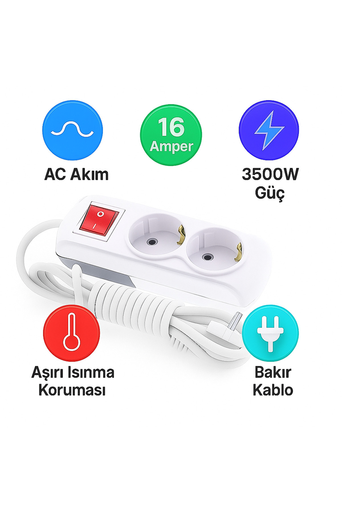 REYYEN 2'li Anahtarlı Grup Priz 3 Metre Uzatma Ara Kablosu 3x1 mm2 (%100 Bakır Ünal Kablo)