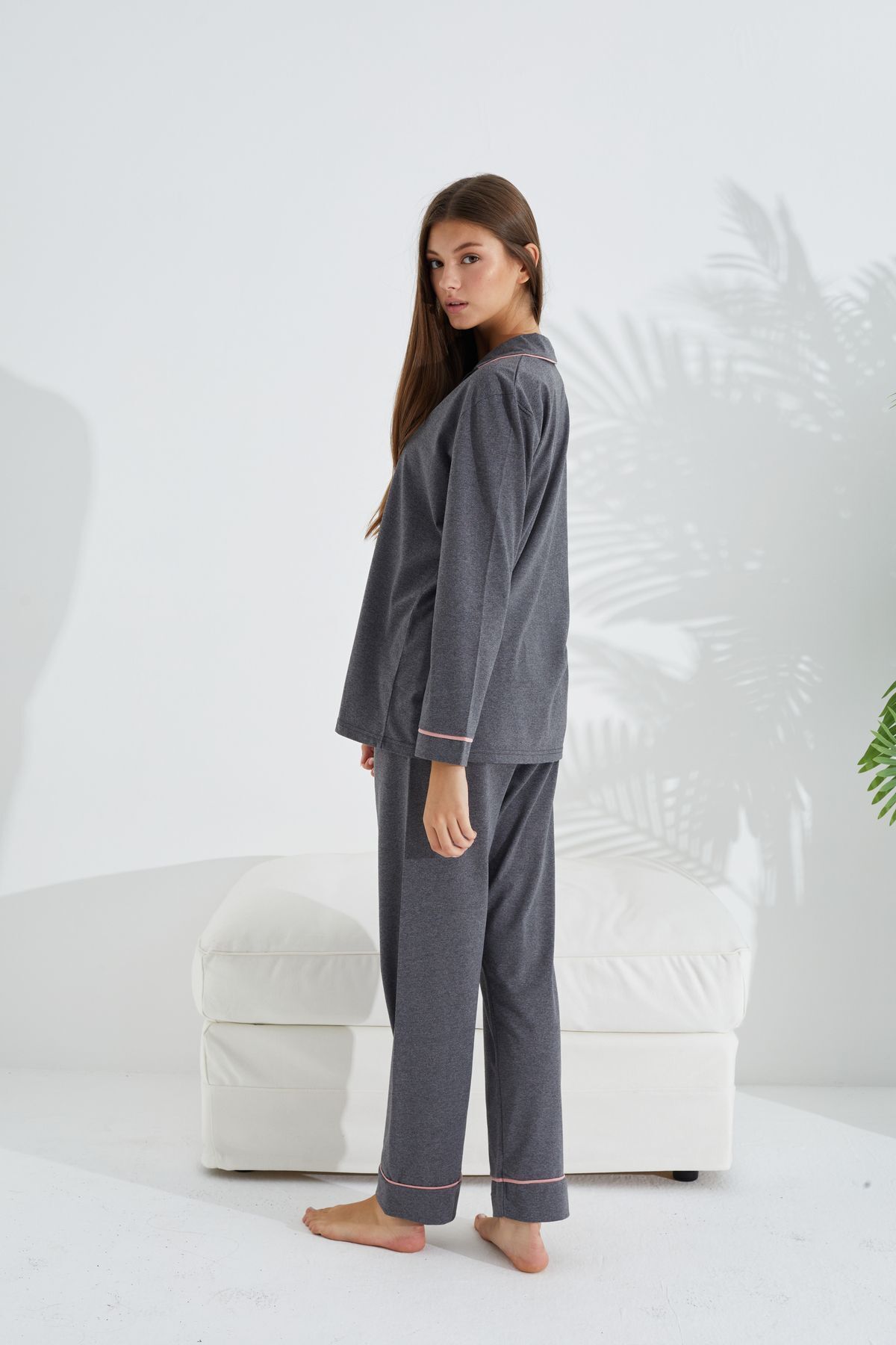Siyah İnci  Antrasit Somon Düğmeli Biyeli Pijama Takım - Görsel 3