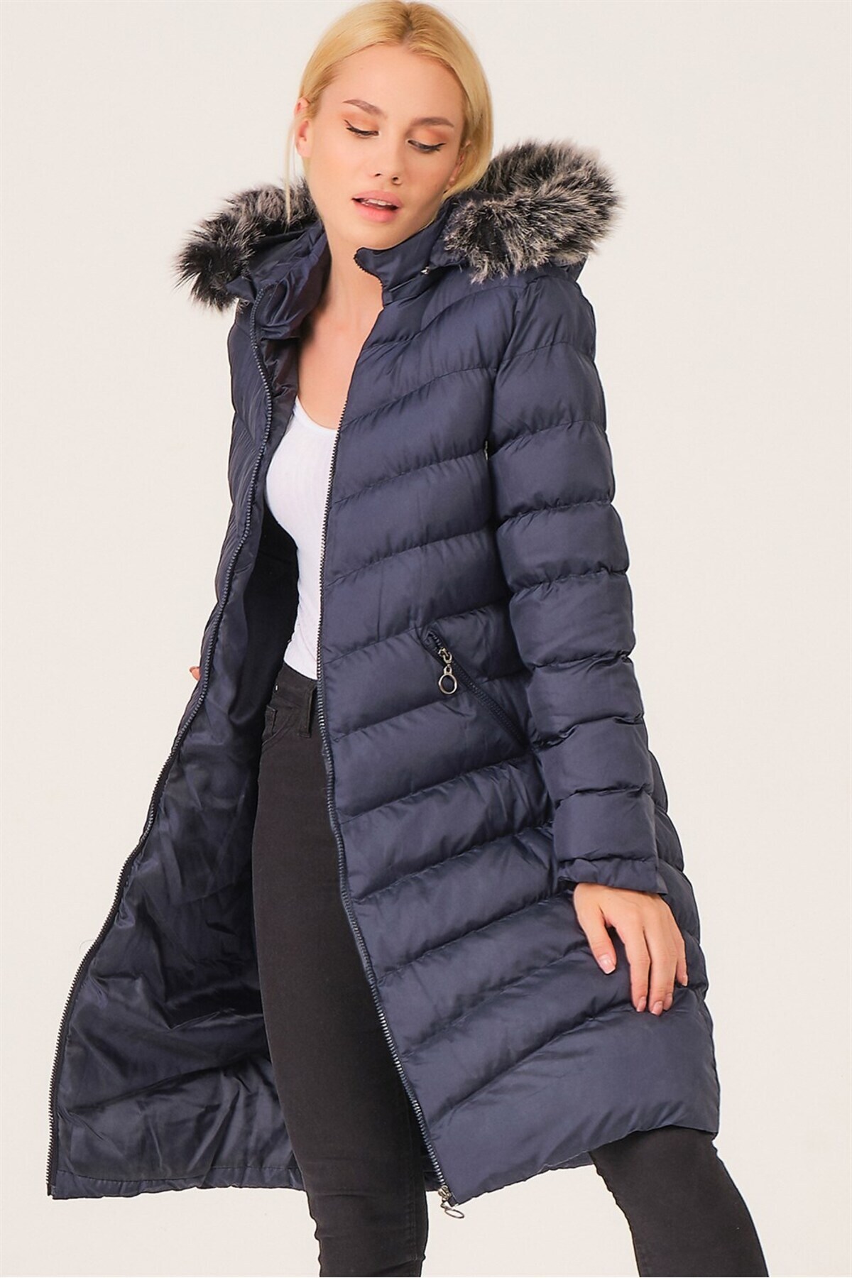 دوبری کت کلاه‌دار خزدار Z6690 - سرمه‌ای