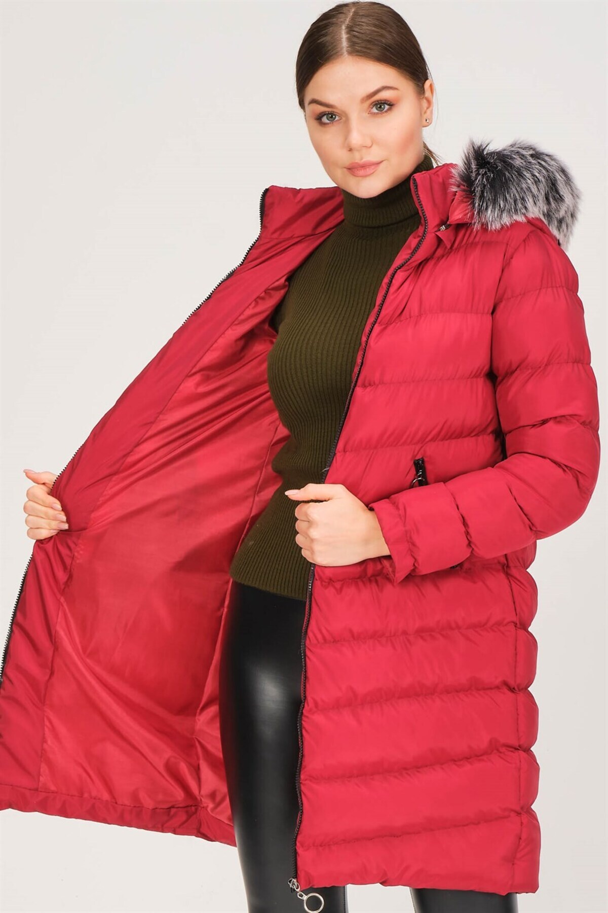 دوبری پالتو کلاه‌دار خزدار Z6690 - قرمز