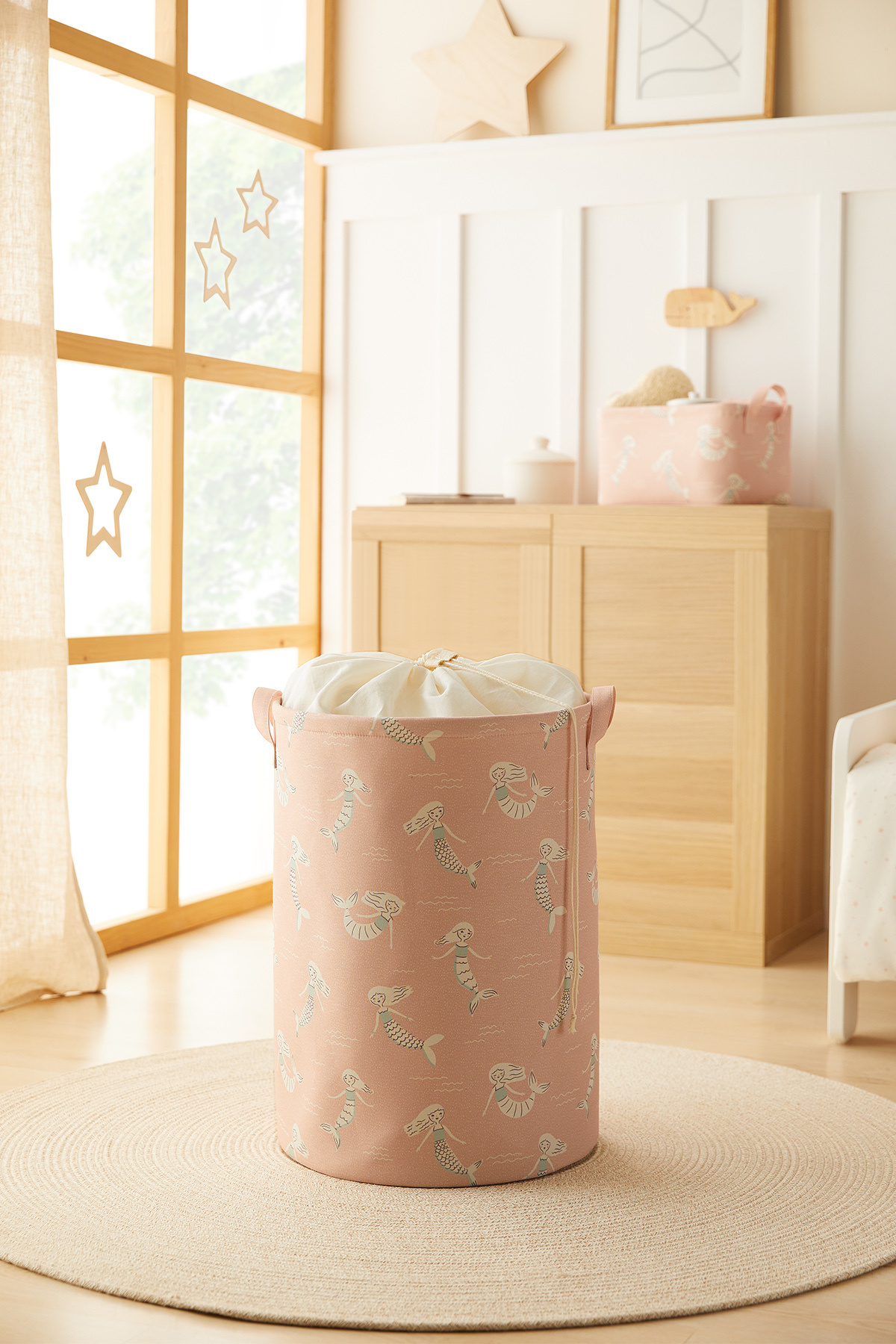 Ocean Home Textile Katlanabilir Ağzı Büzgülü Deniz Kızı Çocuk Odası Kirli Çamaşır Sepeti Oyuncak Sepeti 36x50