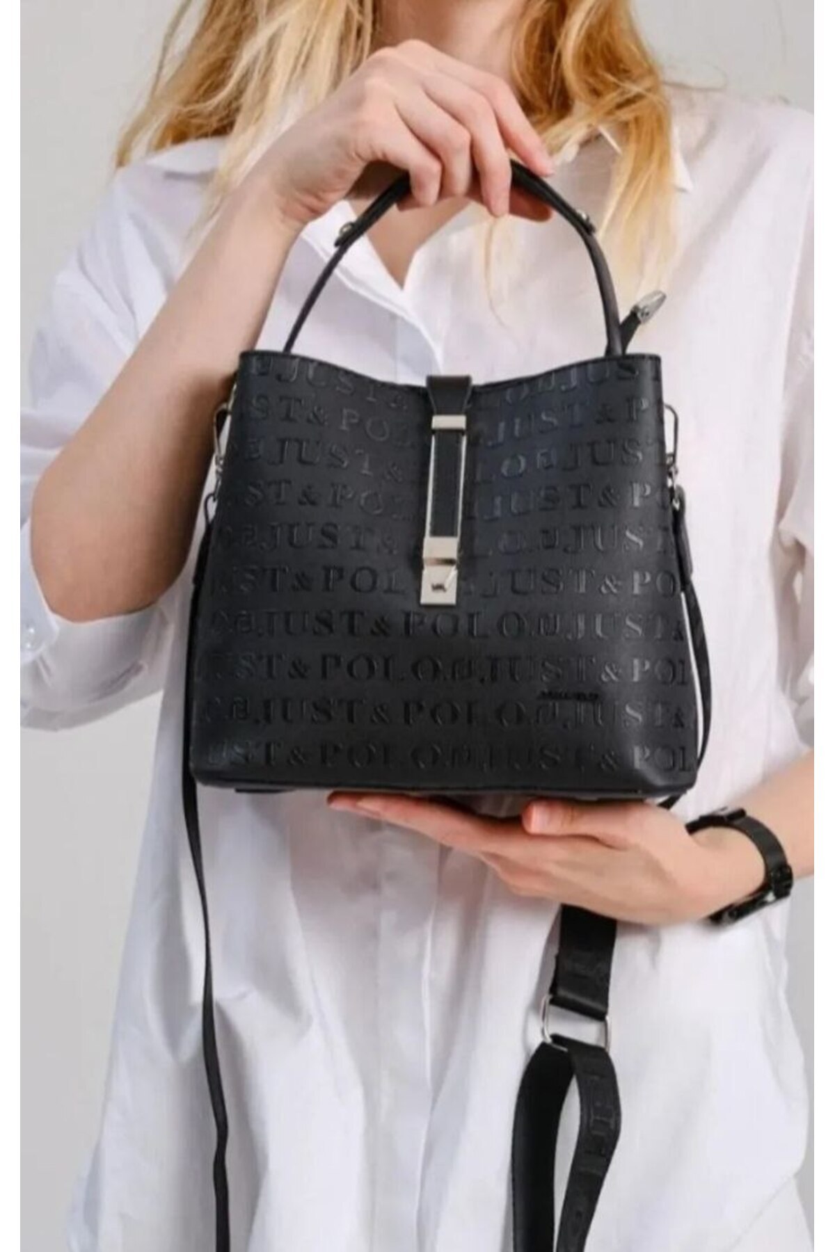 JUSTPOLO WOMEN'S BLACK ORIGINAL LACOS 3 COMPARTMENT SHOULDER AND CROSSBODY BAG