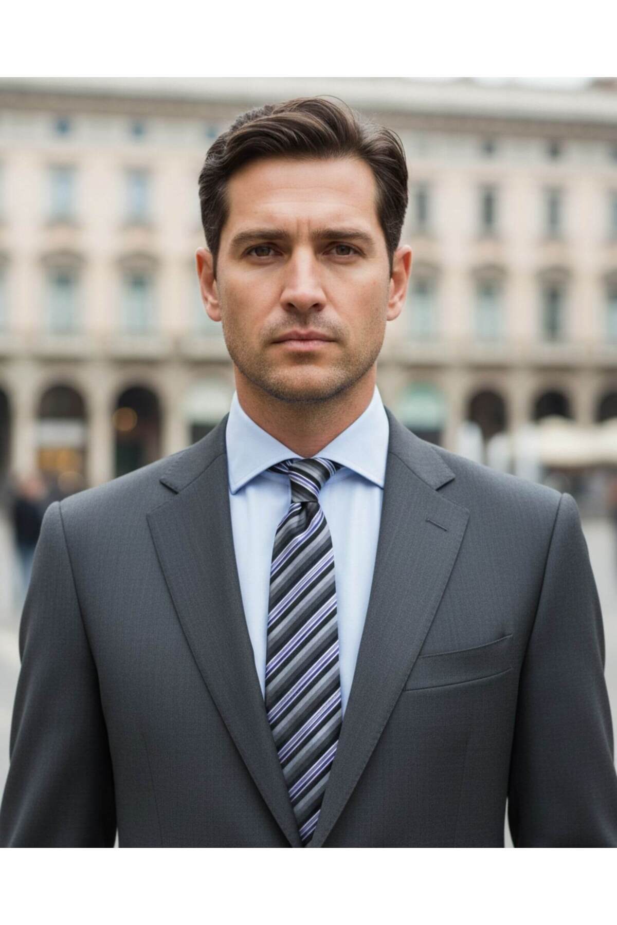  کراوات ابریشمی راه راه ۷.۵ سانتی‌متری مشکی، سفید، خاکستری، یاسی