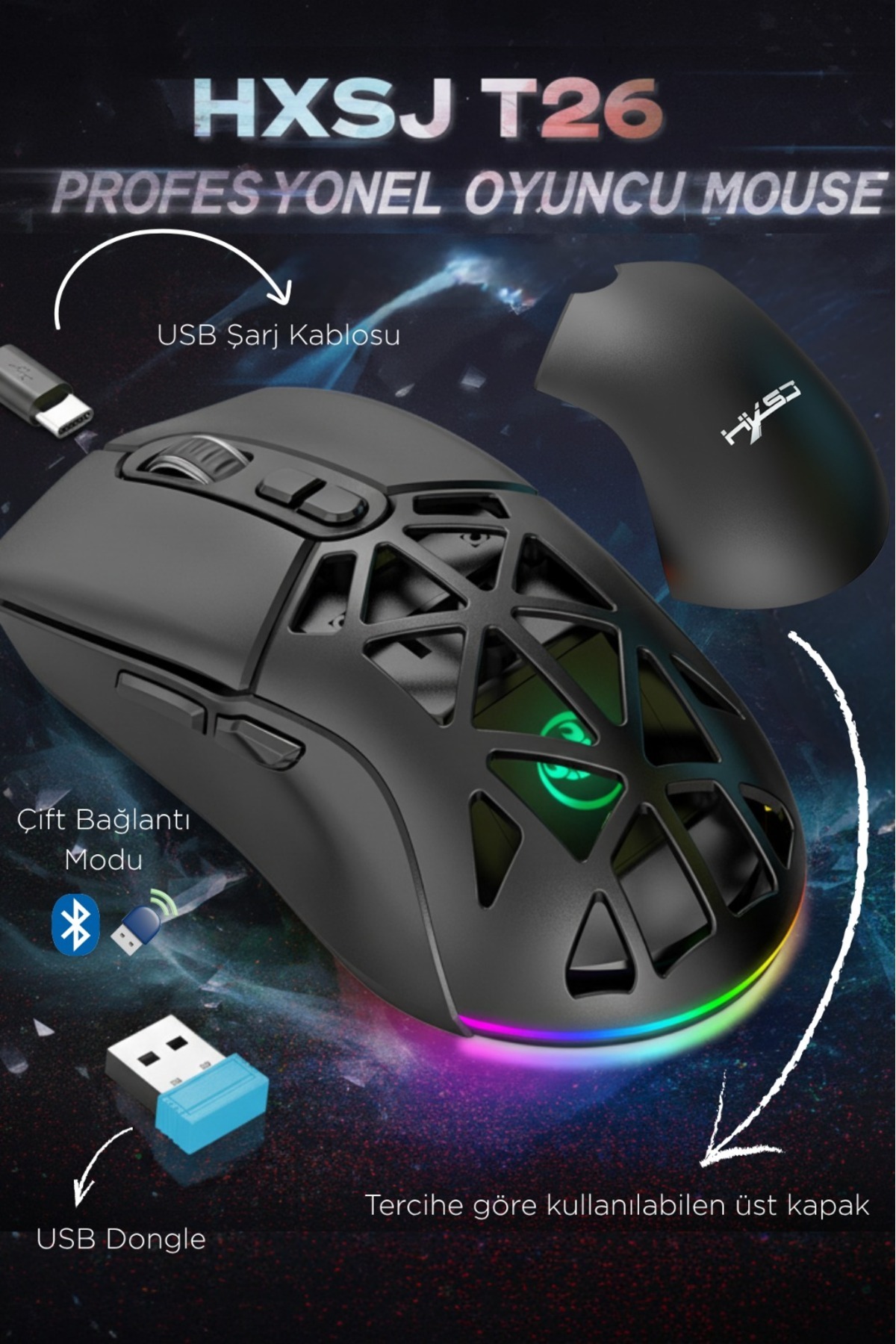 HXSJ T26 Çift Modlu Oyun Faresi 2.4g Bt5.1 Kablosuz 4800 Dpı Ayarlanabilir Ergonomik Optik Gamer Mouse