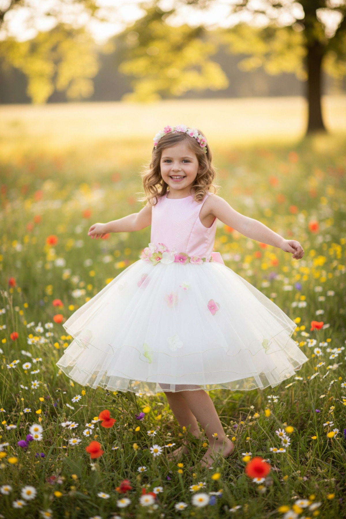 Dide Kids Kız Çocuk Pembe Simli Tafta Bedenli Çiçekli Abiye Elbise