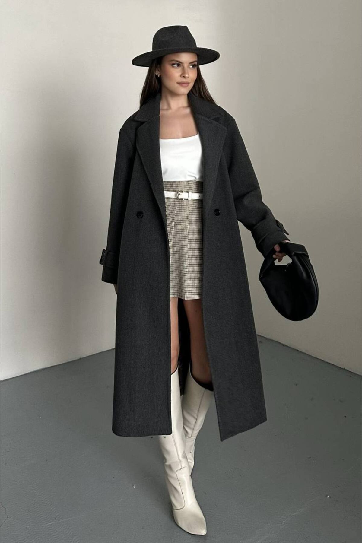 VESS MODA  Kadın Kuşak ve Düğmeli Uzun Kaşe Kaban Antrasit - Görsel 4